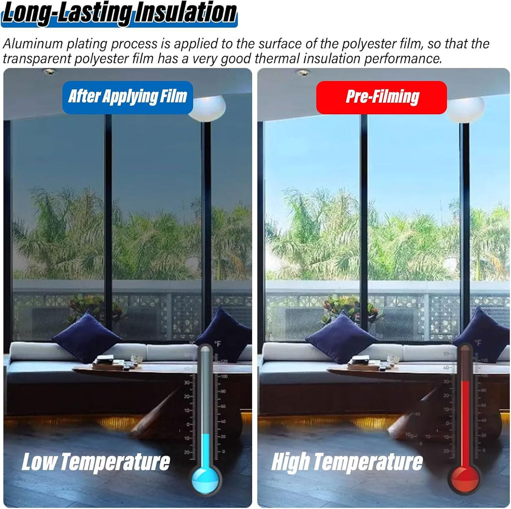One-Way Privacy Window Film – Reflective Tint, U-V Blocking & Heat Insulation, for Sunroom/Skylight/Bedroom/Living Room(Silver,90x500cm)