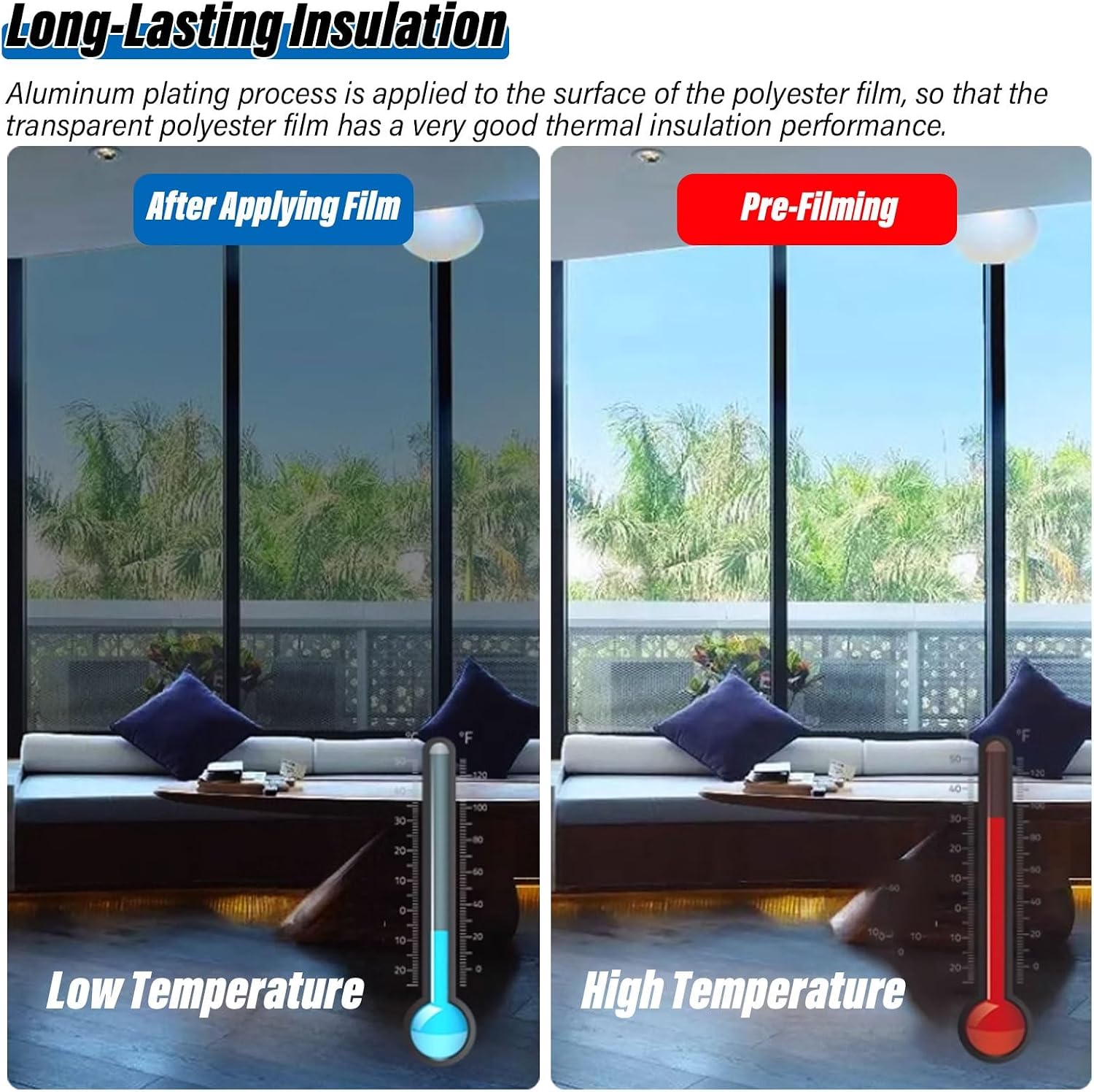 One-Way Privacy Window Film – Reflective Tint, U-V Blocking & Heat Insulation, for Sunroom/Skylight/Bedroom/Living Room(Silver,90x500cm)