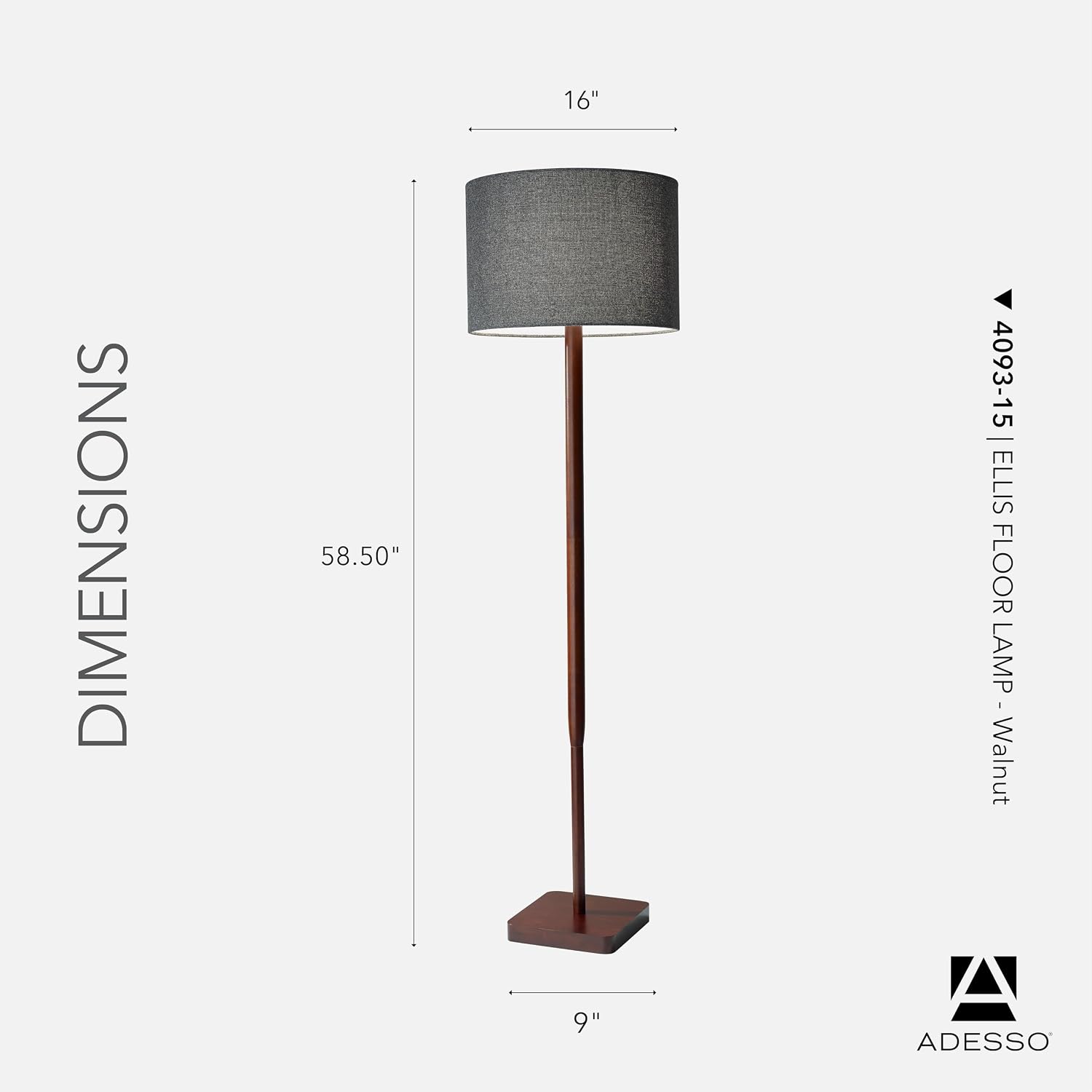 Adesso Floor Lamp with Walnut Rubberwood Base and Grey Fabric Lampshade – 58.5' x 16', 3-Way Adjustable Brightness, Lamp for Bedroom, Living Room, and House Decor