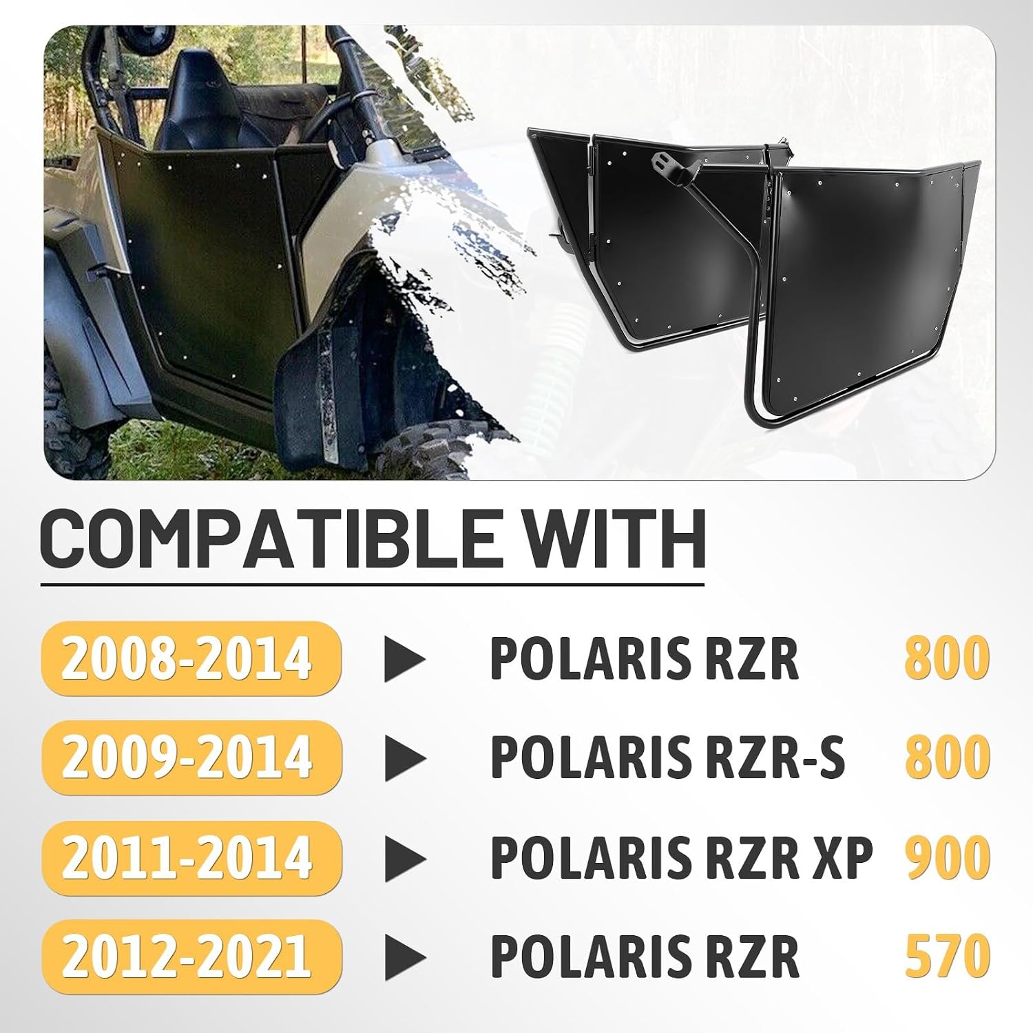 KUAFU Black Metal Doors Compatible with 2008-2014 Polaris RZR 800/ S 800/ XP 900 2012-2021 570 2 Door Models Steel Aluminum