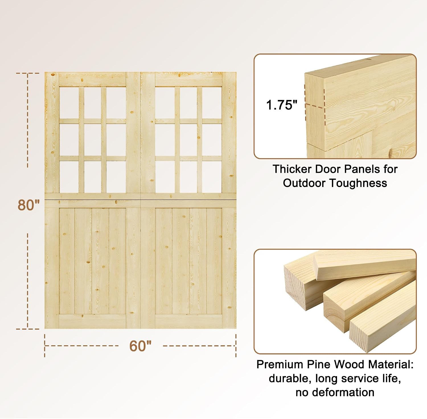 Exterior Dutch Door Slab, 60' x 80', Universal 9 Lite Panel Split Single Doors, Solid Core Home Door, Natural Pine Wood - with 8 Black Hinges & 2 Latch, Without Jamb