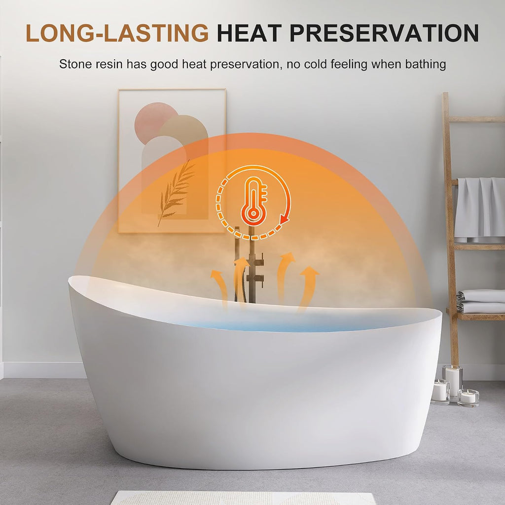 SJ STAR&JANE 65' Solid Surface Freestanding Bathtub, Matte White Oval Soaking Stone Resin Tub with Overflow and Pop-up Drain for Modern Bathrooms