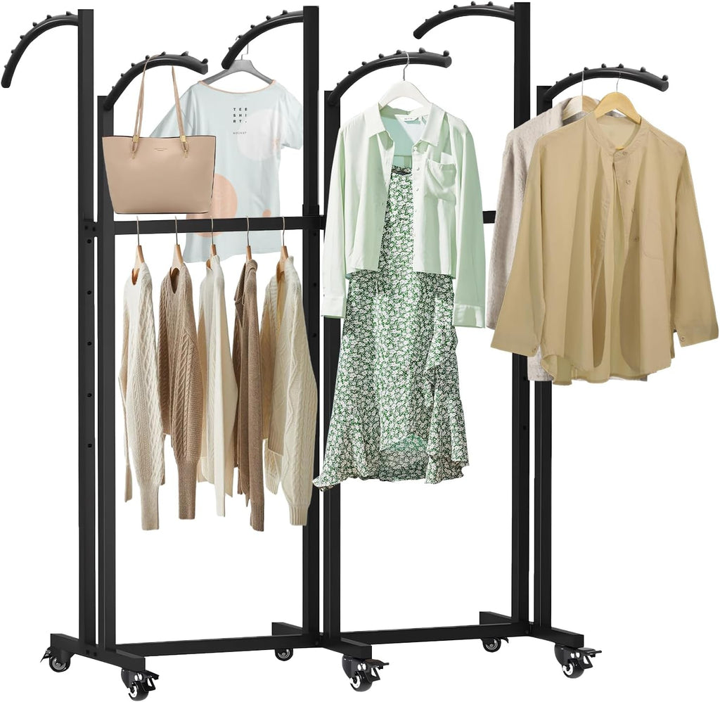 Clothing Rack,Heavy Duty Gold Clothing Rack with Adjustable Height, 6 Curved Arms Wheels - Floor Standing Metal Garment Rack for Retail Store Display Home Use,Black