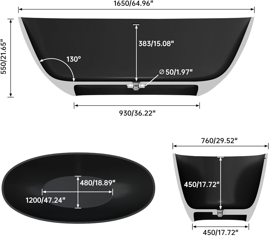 65' Upgraded Solid Surface Freestanding Tubs,Luxury Oval Stone Resin Soaking Bathtub with Pop-up Drain and Overflow, Matte Black