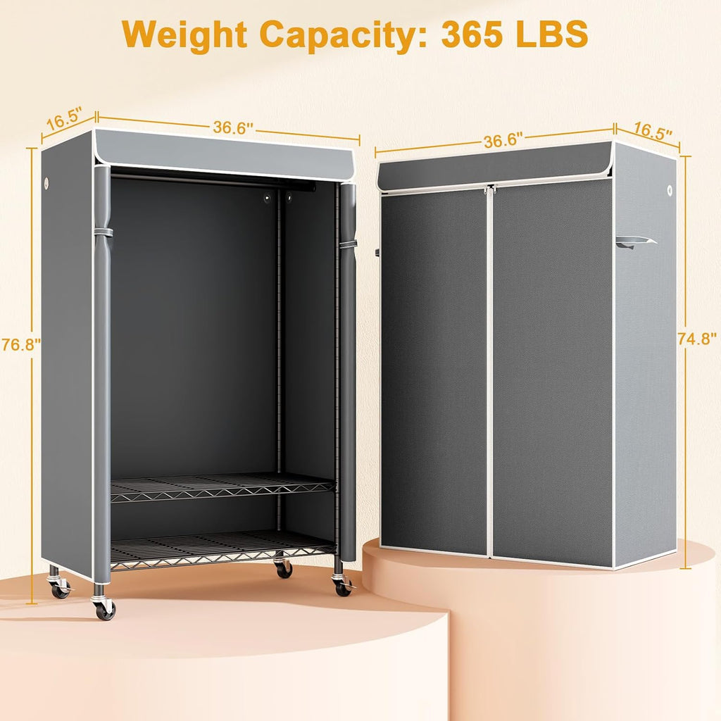 ULIFHOME P6C Rolling Clothes Rack with Cover, Covered Clothing Racks Heavy Duty, Portable Closet for Hanging Clothes, Garment Racks on Wheels, Black Closet Rack with Gray Cover, Max Load 365LBS