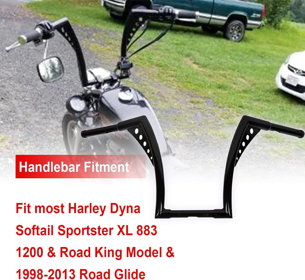 WSays 12' Rise Handlebar Ape Bar 1-1/4' Diameter Bar Compatible with Harley Sportster XL 1200 883 Softail Dyna Touring Road King 1994-2022 and Road Glide 1998-2013 Models, Black