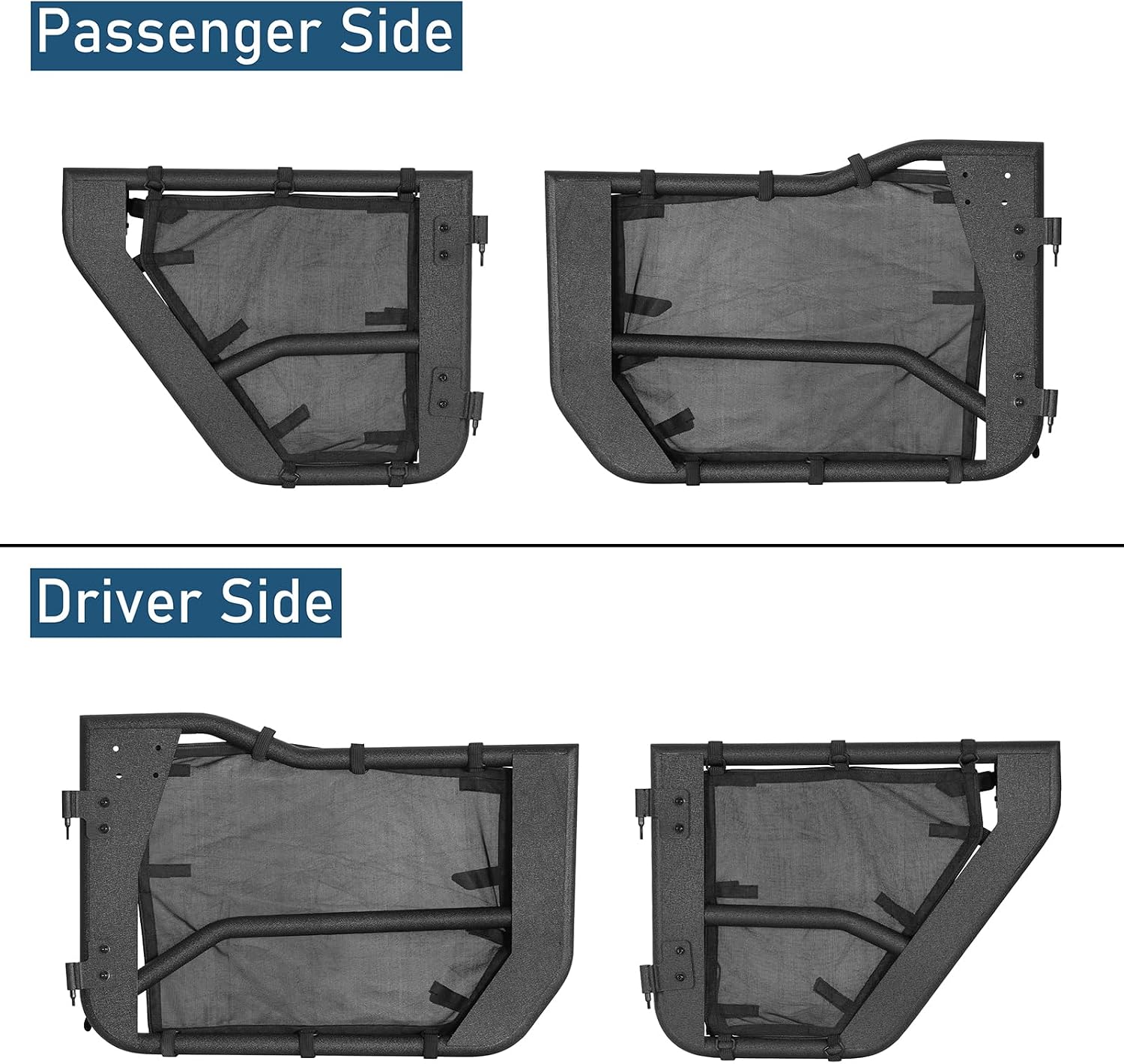 Hooke Road Tube Half Doors for 2018-2026 Jeep Wrangler JL 4-Door & Gladiator JT, with Privacy Mesh, Summer Open-Air Trail Doors, Reduced Dust & Added Cabin Privacy - 4PCS
