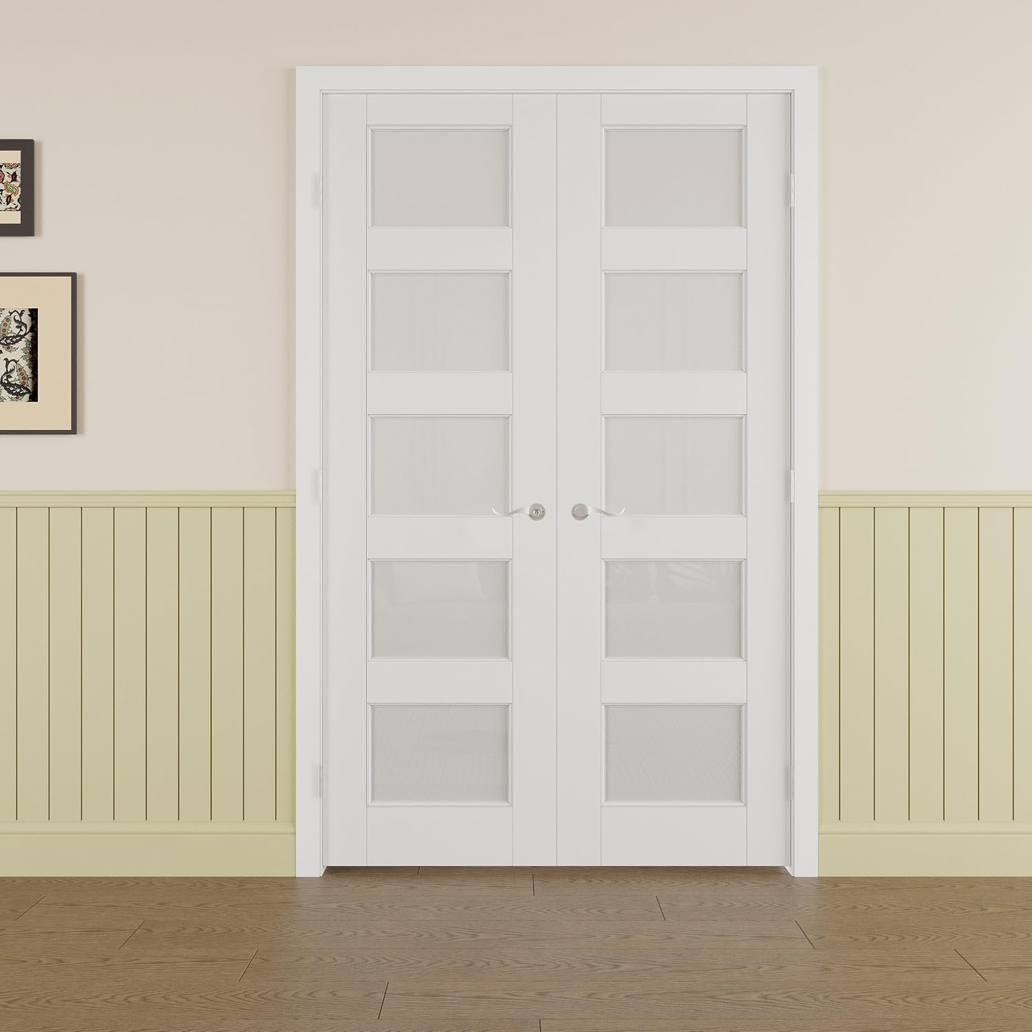 Prehung French Door 48' x 80' (2x24 in), Tempered Frosted Glass Door Slabs with Jamb, Silver Hinges, 4 Levers & Latch, Solid Core Interior Door, Pre-Finished & Paintable, MDF Double Doors Interior