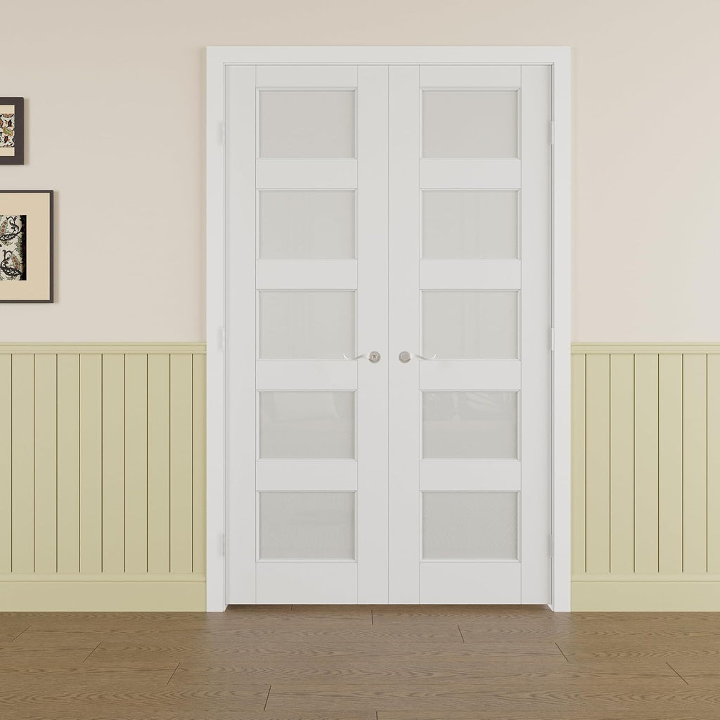 Prehung French Door 56' x 80' (2x28 in), Tempered Frosted Glass Door Slabs with Jamb, Silver Hinges, 4 Levers & Latch, Solid Core Interior Door, Pre-Finished & Paintable, MDF Double Doors Interior