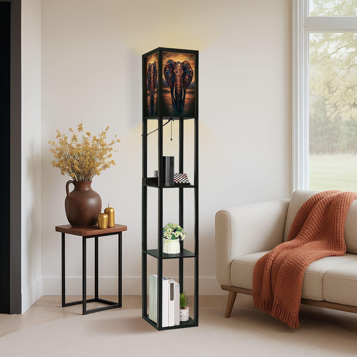 Floor Lamp with Shelves Colored Glass Elephant Sunset Standing Tall Lamp USB Ports & Power Outlet Modern Corner Lamp Nightstand Light for Living Room Bedroom