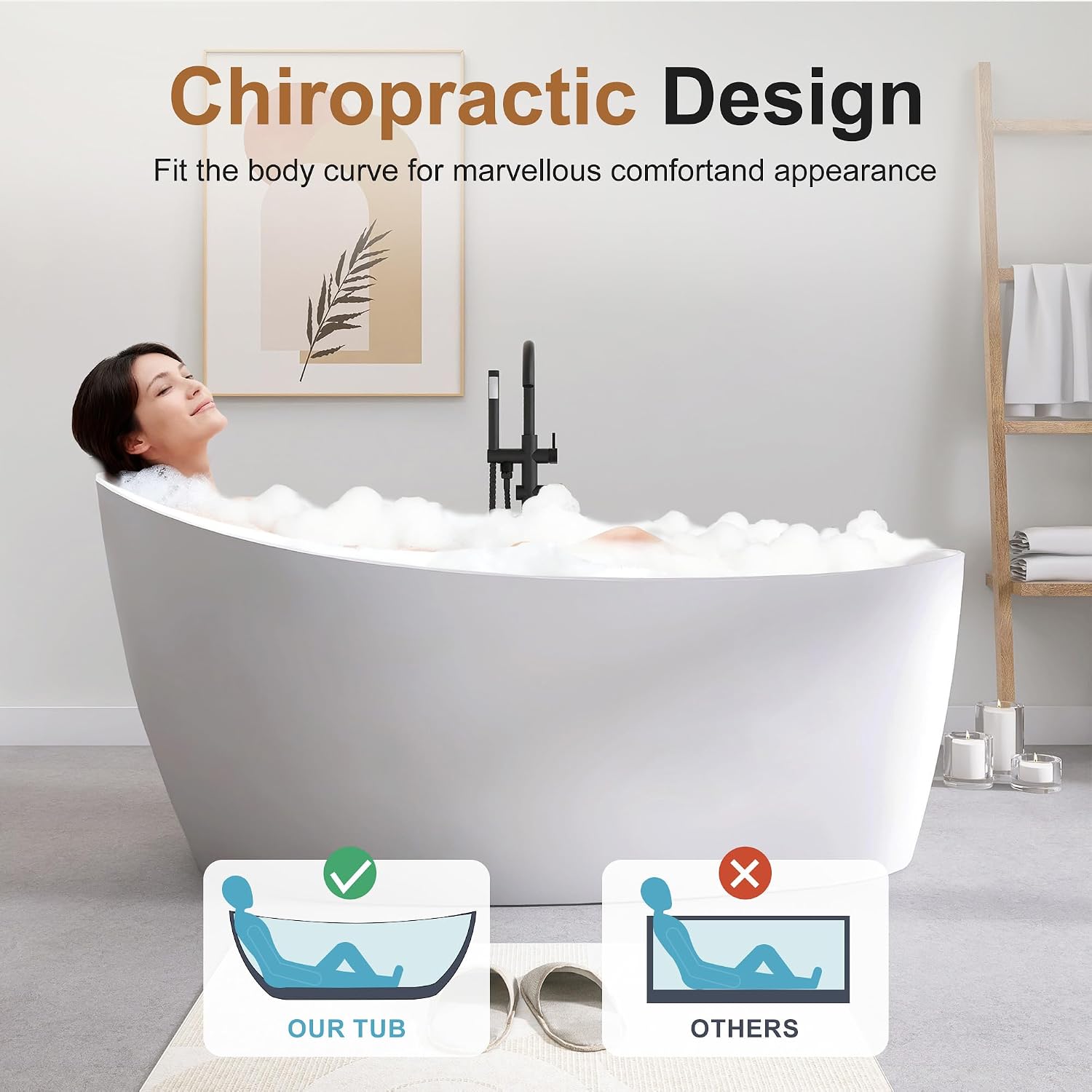 SJ STAR&JANE 65' Solid Surface Freestanding Bathtub, Matte White Oval Soaking Stone Resin Tub with Overflow and Pop-up Drain for Modern Bathrooms
