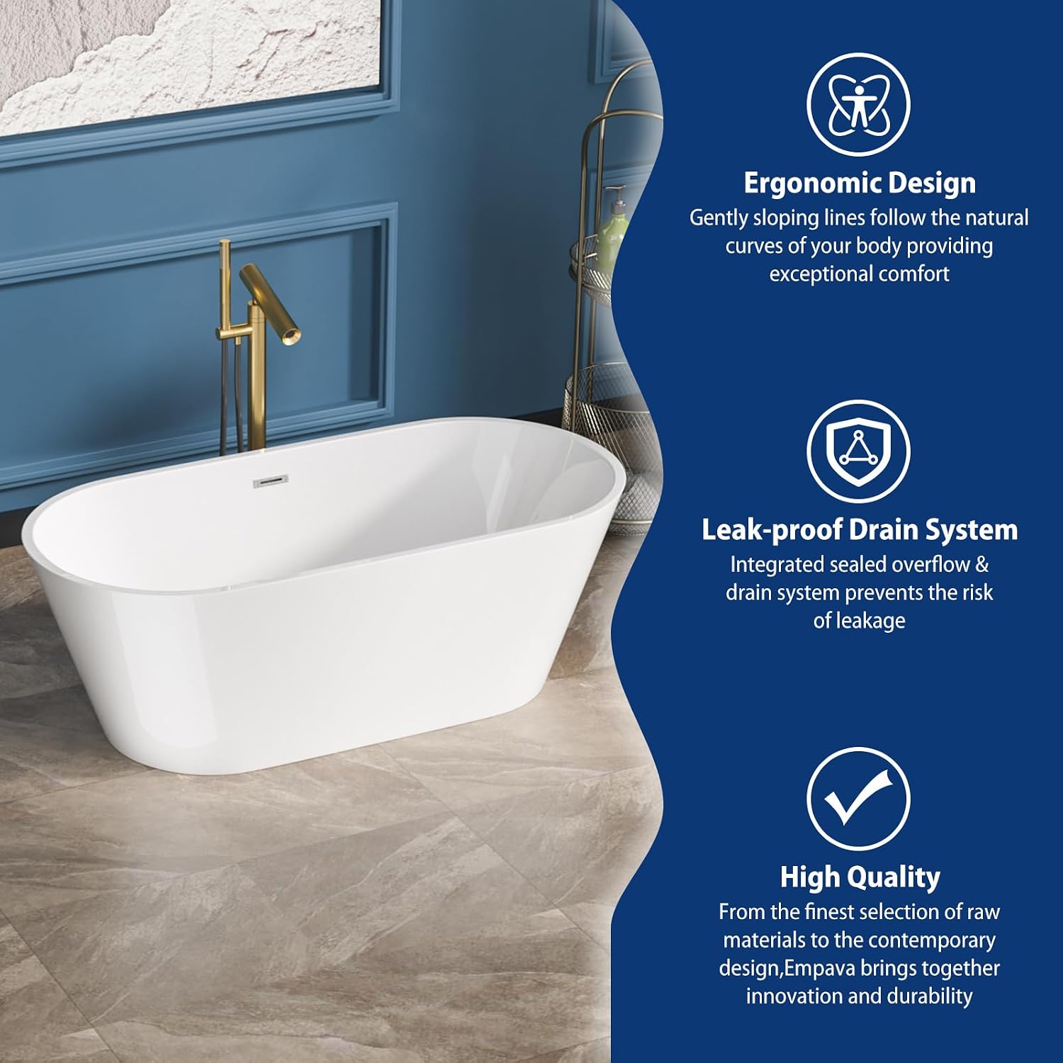 Sarlai 63 Inch Acrylic Freestanding Soaking Bathtub Contemporary Soaking White Tub Stand Alone Ergonomic Bathtub with Chrome Drain and Overflow