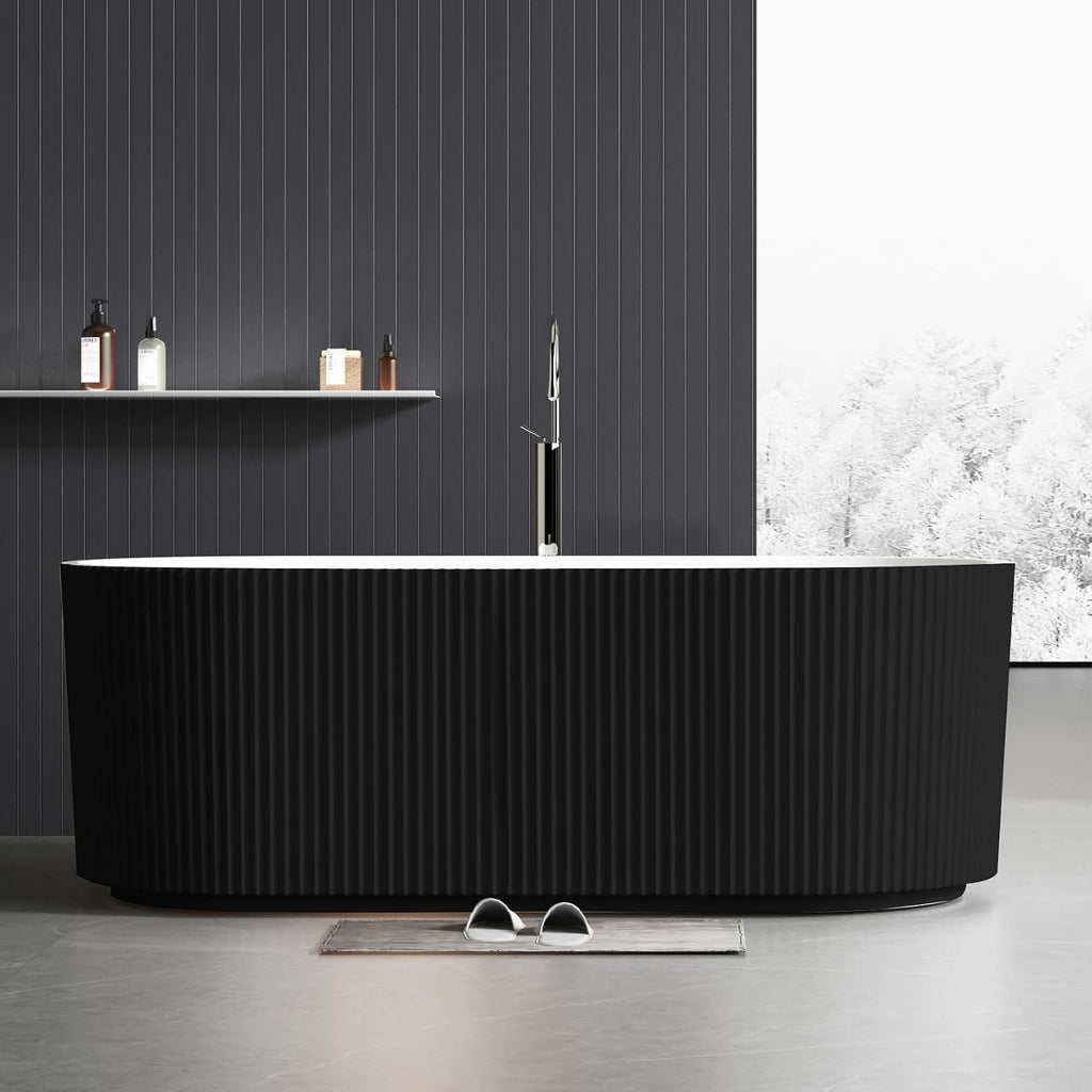 Freestanding Bathtub 59-inch,Acrylic Soaking Tub with Overflow Drain, CUPC Certified Thickened Design Glossy Black for Modern Bathroom