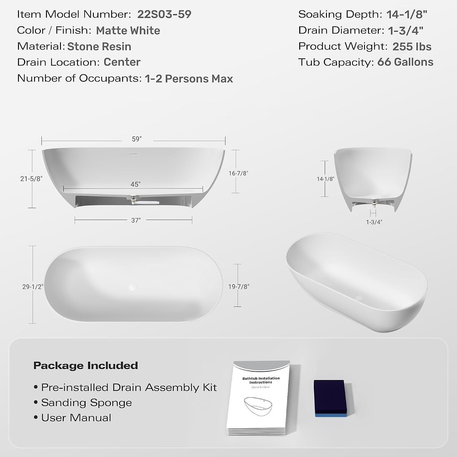 59' Stone Resin Freestanding Bathtub, Oval Solid Surface Bathroom Freestanding Tubs, Stand Alone Soaking Tubs with Integrated Slotted Overflow and Drain, Matte White
