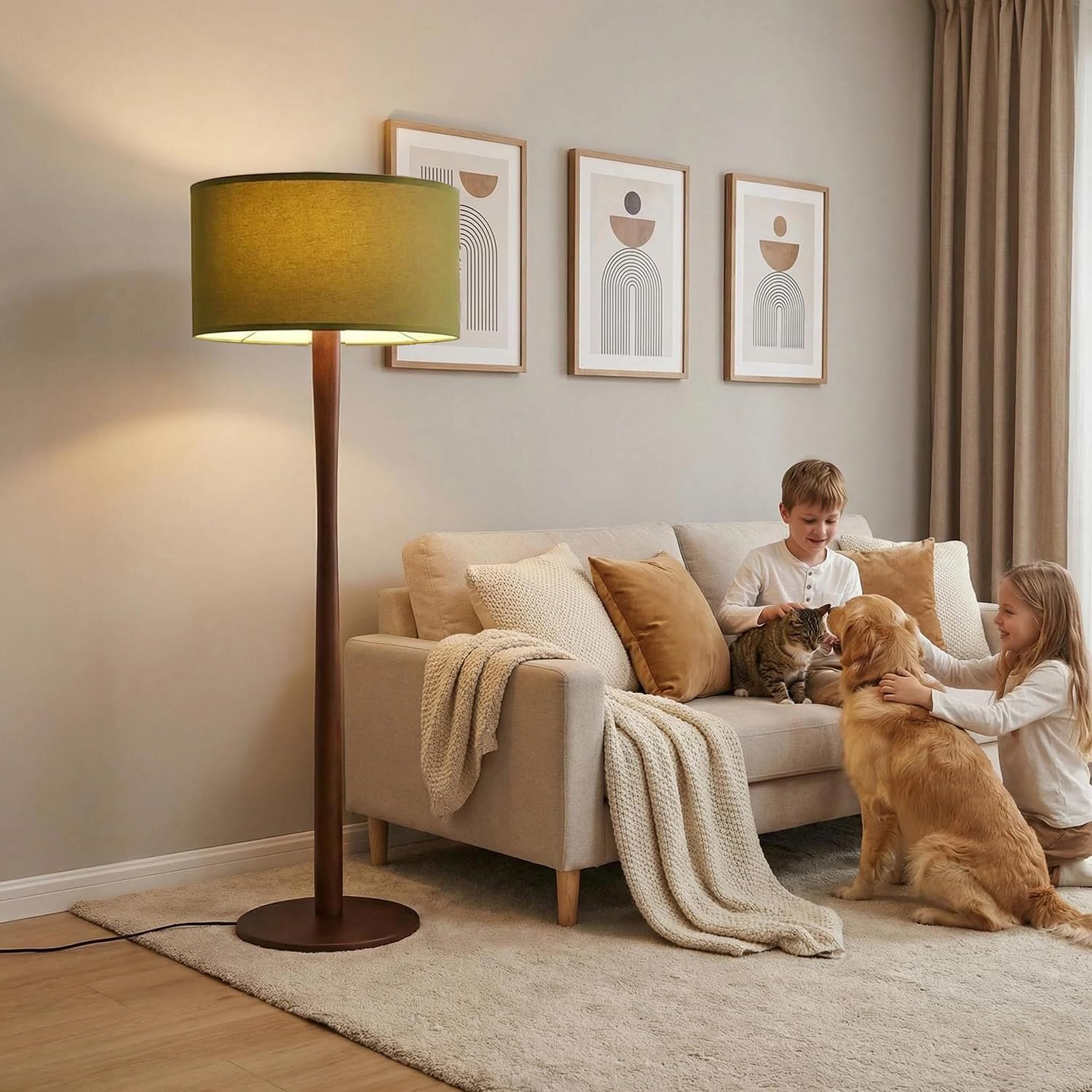 62' Tall Rustic Wood Floor Lamp for Living Room, Farmhouse Walnut Wood Floor Lamps with Linen Shade, UL Listed Standing Lamps with Wooden Base for Bedroom, Corner, Dining Room,Office, Green Shade
