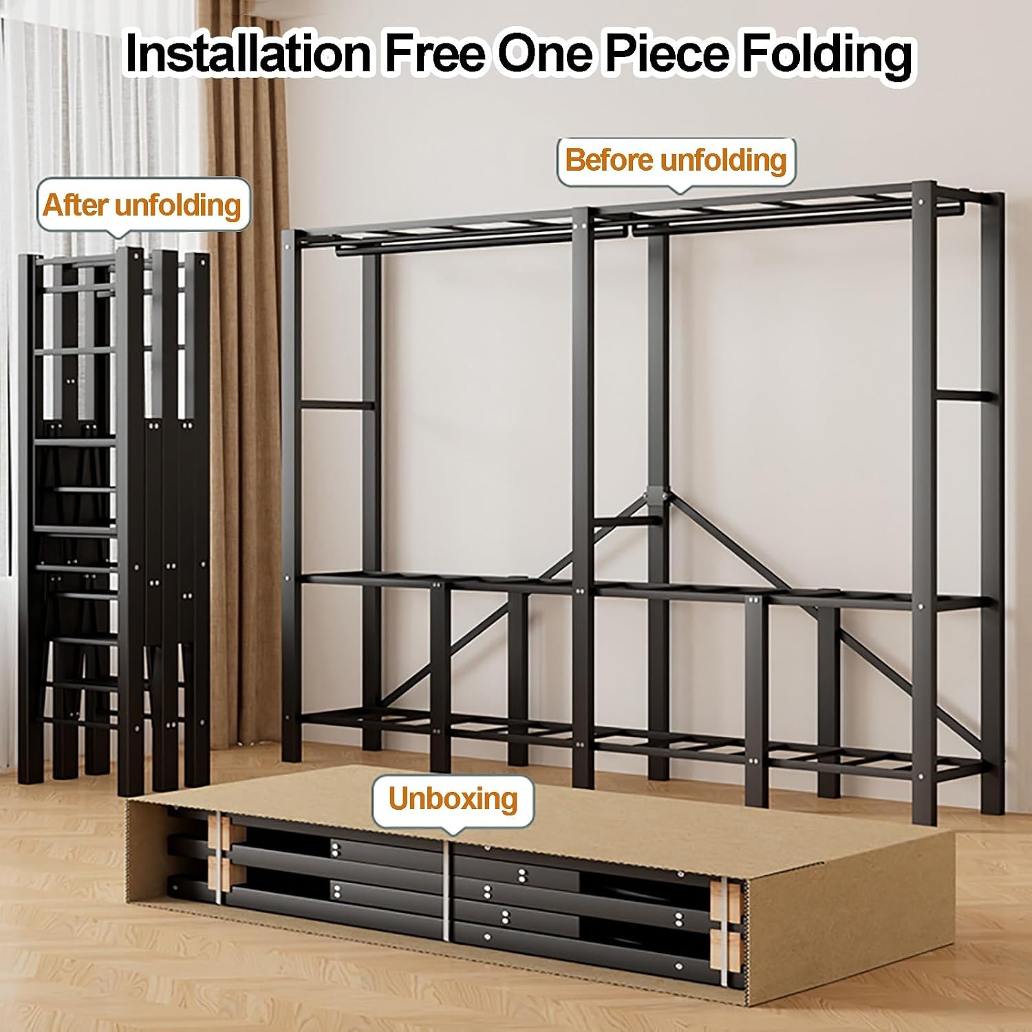 Heavy Duty Garment Rack With Cover Folding Wardrobe Closet Foldable Clothing Rack For Hanging Clothes Armoires Portable Metal Coat Storage Organizer Covered(E,139cm/54.7inch)