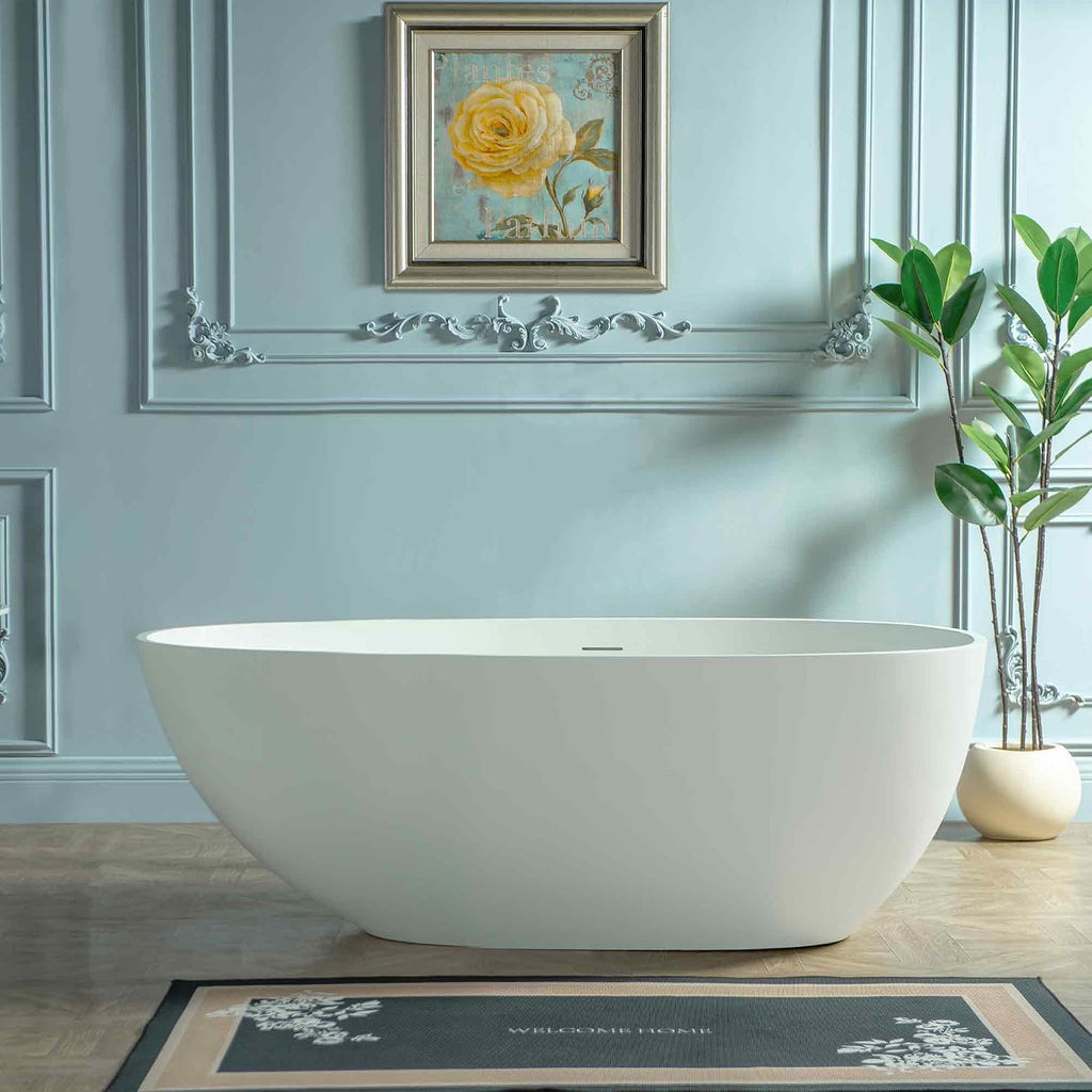 WOODBRIDGE 59' Egg-Shaped Solid Surface Freestanding Soaking Tub, Modern Oval Stone Resin Bathtub with Integrated Slotted Overflow & Drain, Matte White, EST0701