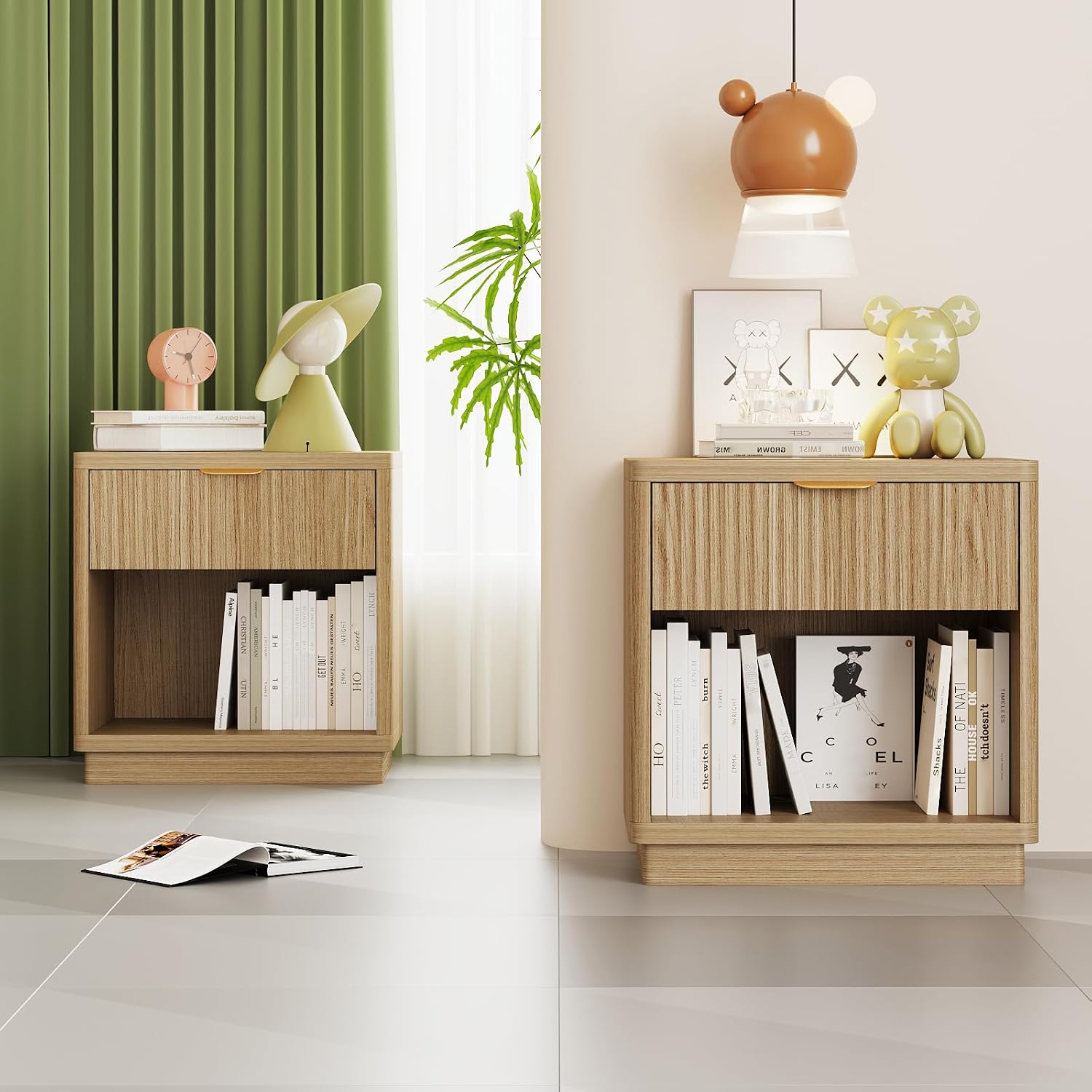 Fluted Night Stand Set of 2 with Charging Station, Wood Bedside Tables with Drawer & Open Shelf, Modern Matching Pair for Bedroom & Living Room,Light Oak