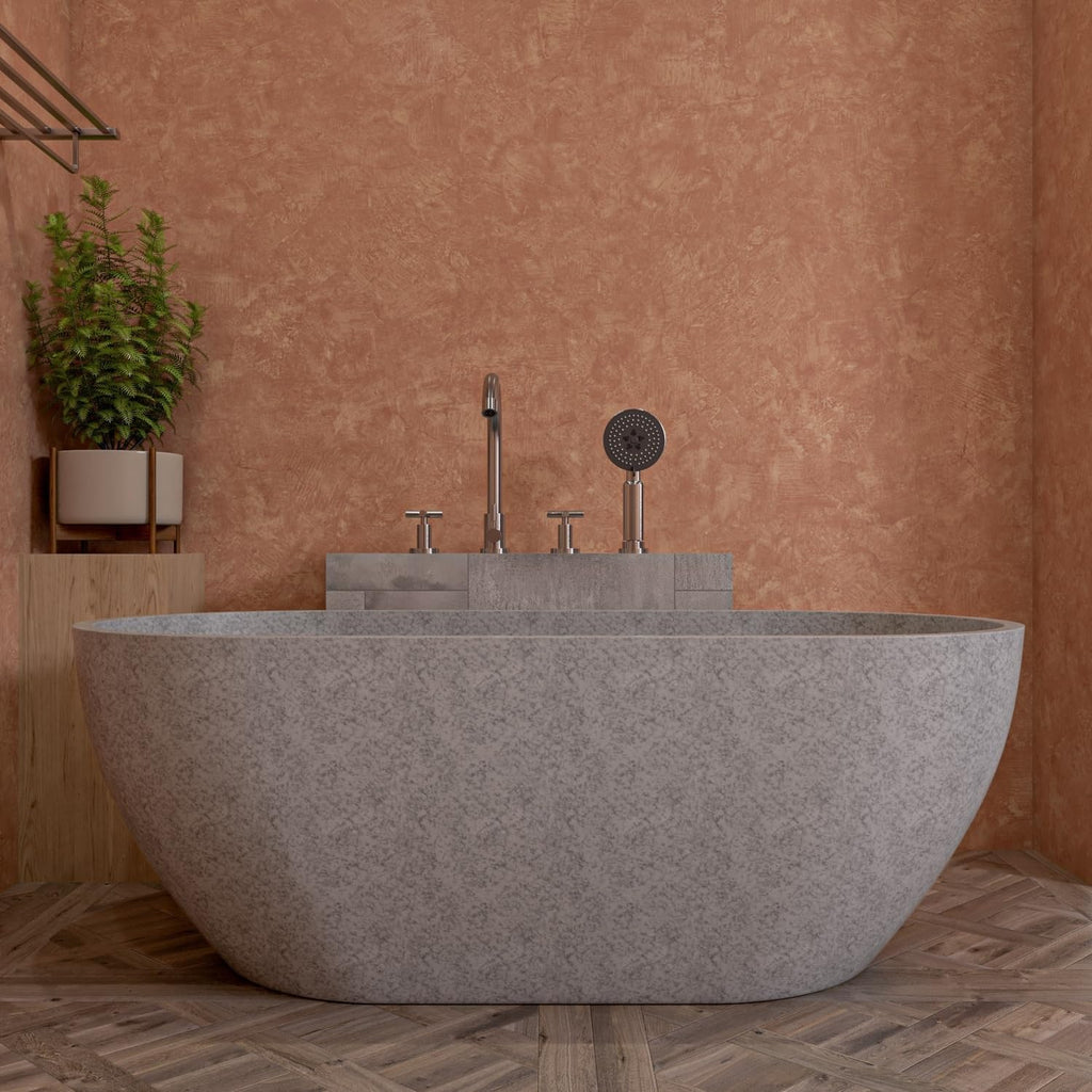 HomeStock 59' Solid Concrete Freestanding Bathtub - Modern Oval Soaking Tub - Gray