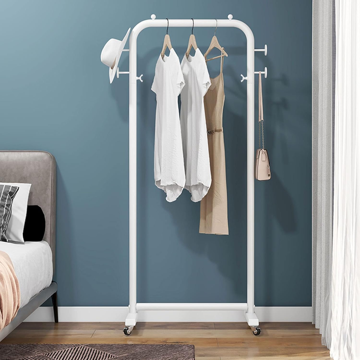 Garment Rack Stand Iron with Universal Wheel and Side Hooks,Modern Clothing Rack for Boutiques,Heavy Duty Clothes Rack for Hanging Clothes,Floor Hanger Storage Rack (B-Length 90 cm
