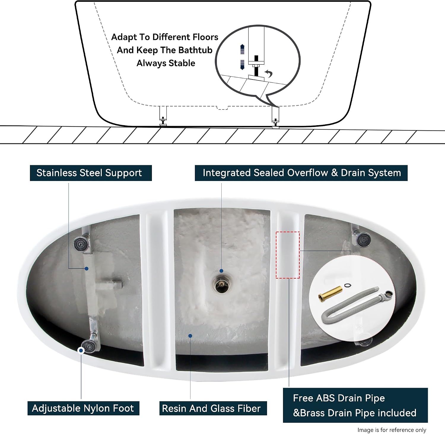 FerdY 67' Acrylic Freestanding Bathtub, Contemporary Soaking tub with Polished Gold Drain & Overflow, cUPC Certified, Elegant Oval Shape, Tahiti