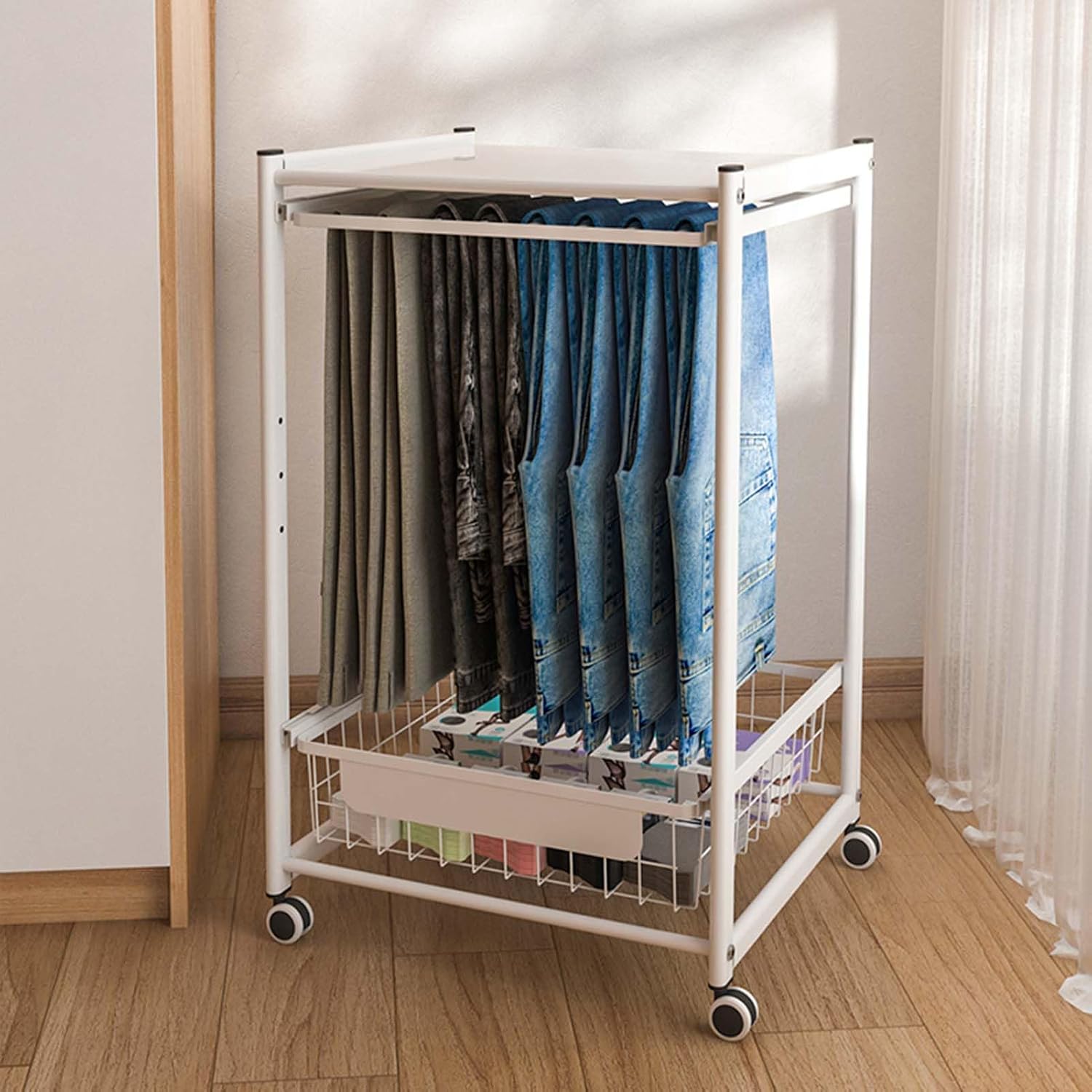 Display Stand Pants Hangers Rolling Trolley Trousers Rack, Jeans Hangers Metal Scarves Rack Clothing Closet Organizer Shelf, Multipurpose Blanket Rack (Beech Color-L46.5*W41.5*H73.7 CM -A