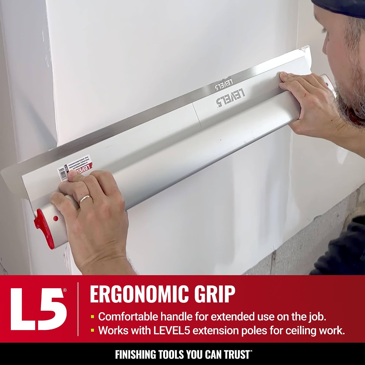 LEVEL5 Skimming Blade Combo, 32' Blade + 38.5' - 63' Extension Handle | Smoothing/Knockdown Drywall Knife | Extruded Aluminum & European Stainless Steel Construction | High-Impact End Caps | 5-426