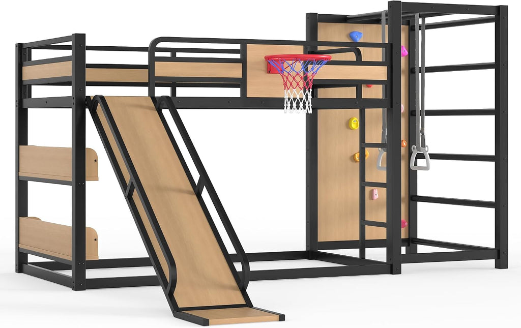 Bellemave Metal Twin Over Twin Bunk Bed Frame with Slide,Twin Size Floor Bunk Bed and Basketball Hoop,Pull-up Rings and Climbing Wall,Heavy Duty Bunk Beds with Bookshelves for Kids Girls Boys,Natural