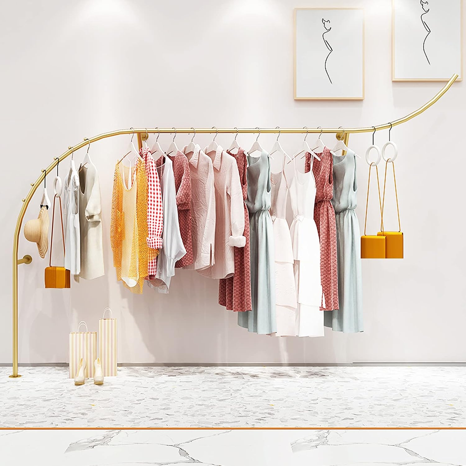 Industrial Pipe Wall Shelving System for Towel and Garment Racks,Creative Display Garment Racks in Boutique Clothing Stores,Modern Retail Clothing Rail garm(300cm