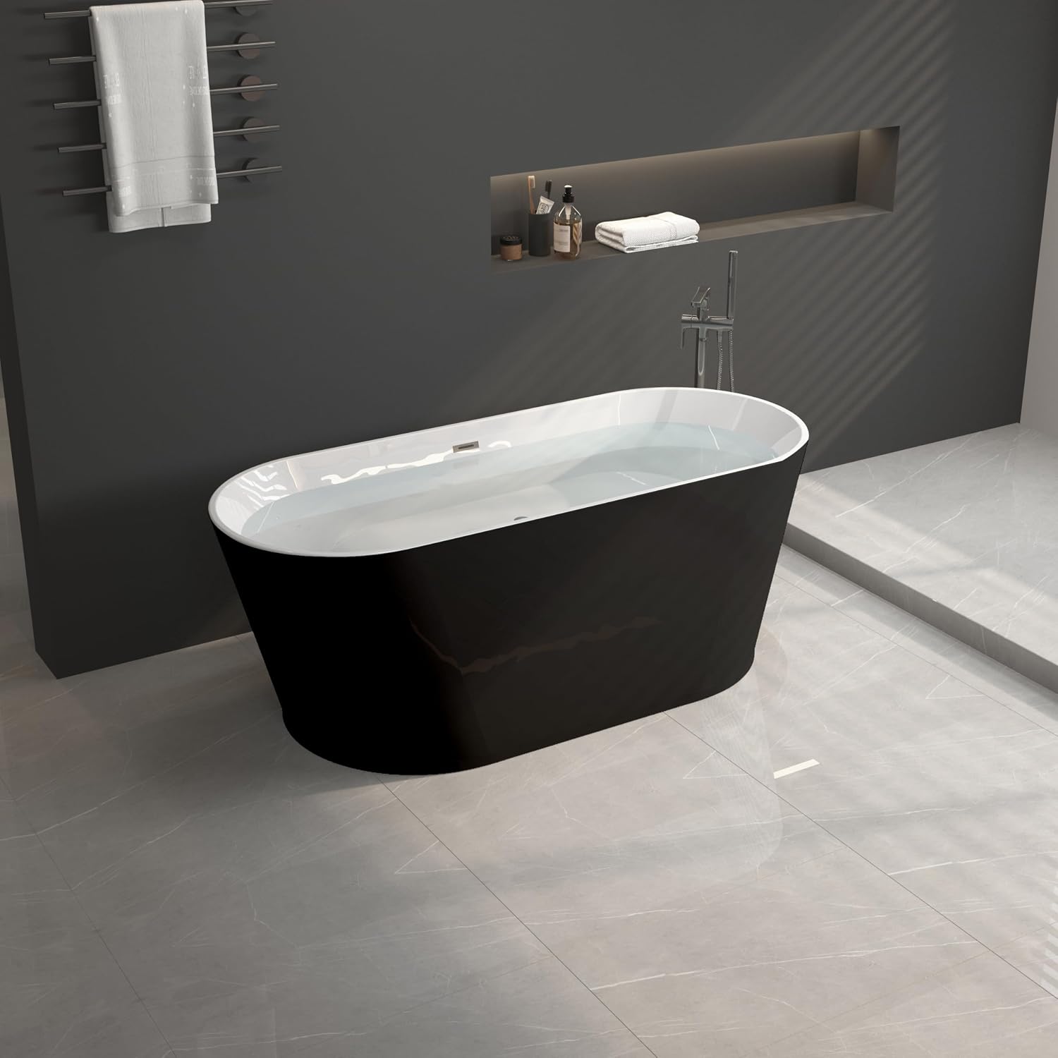 59' Acrylic Freestanding Bathtub-Acrylic Soaking Tubs, Black Bathtub, Oval Shape Black Freestanding Bathtub with Chrome Overflow and Pop Up Drain