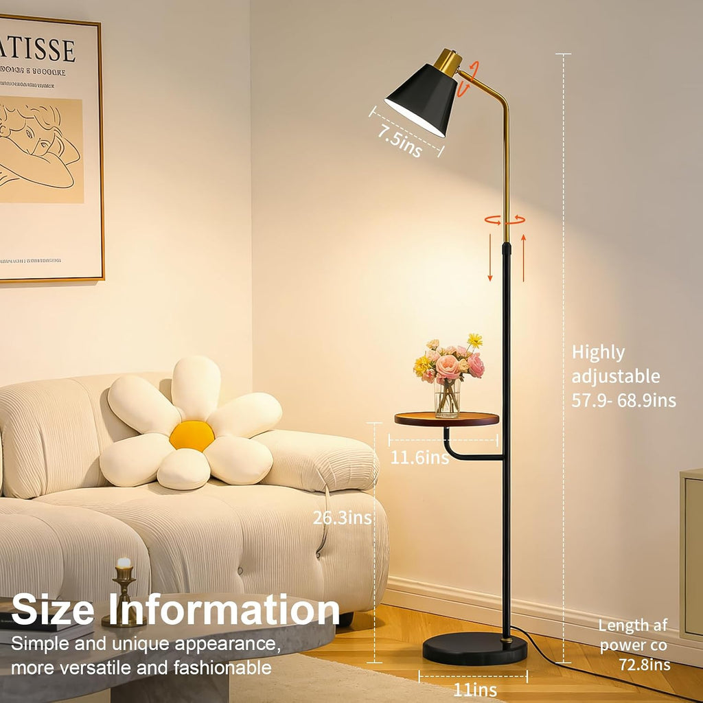 Black Floor Lamp with Walnut Side Table for Living Room Bedroom, Modern Standing Lamp 12W LED 3-Color Dimmable 3000K/4500K/6500K, Adjustable Reading Light with Shelf for Home Office Corner end