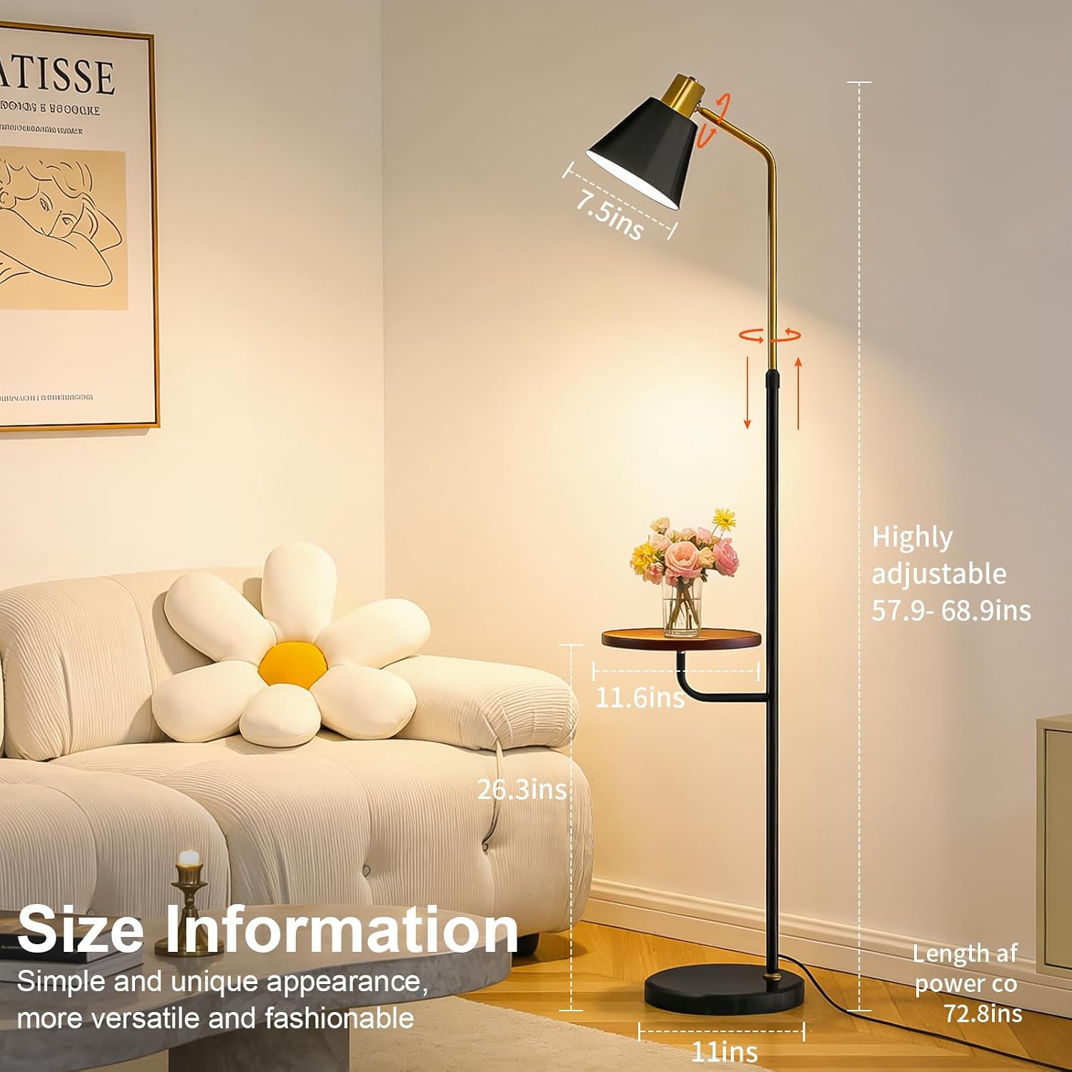 Black Floor Lamp with Walnut Side Table for Living Room Bedroom, Modern Standing Lamp 12W LED 3-Color Dimmable 3000K/4500K/6500K, Adjustable Reading Light with Shelf for Home Office Corner end