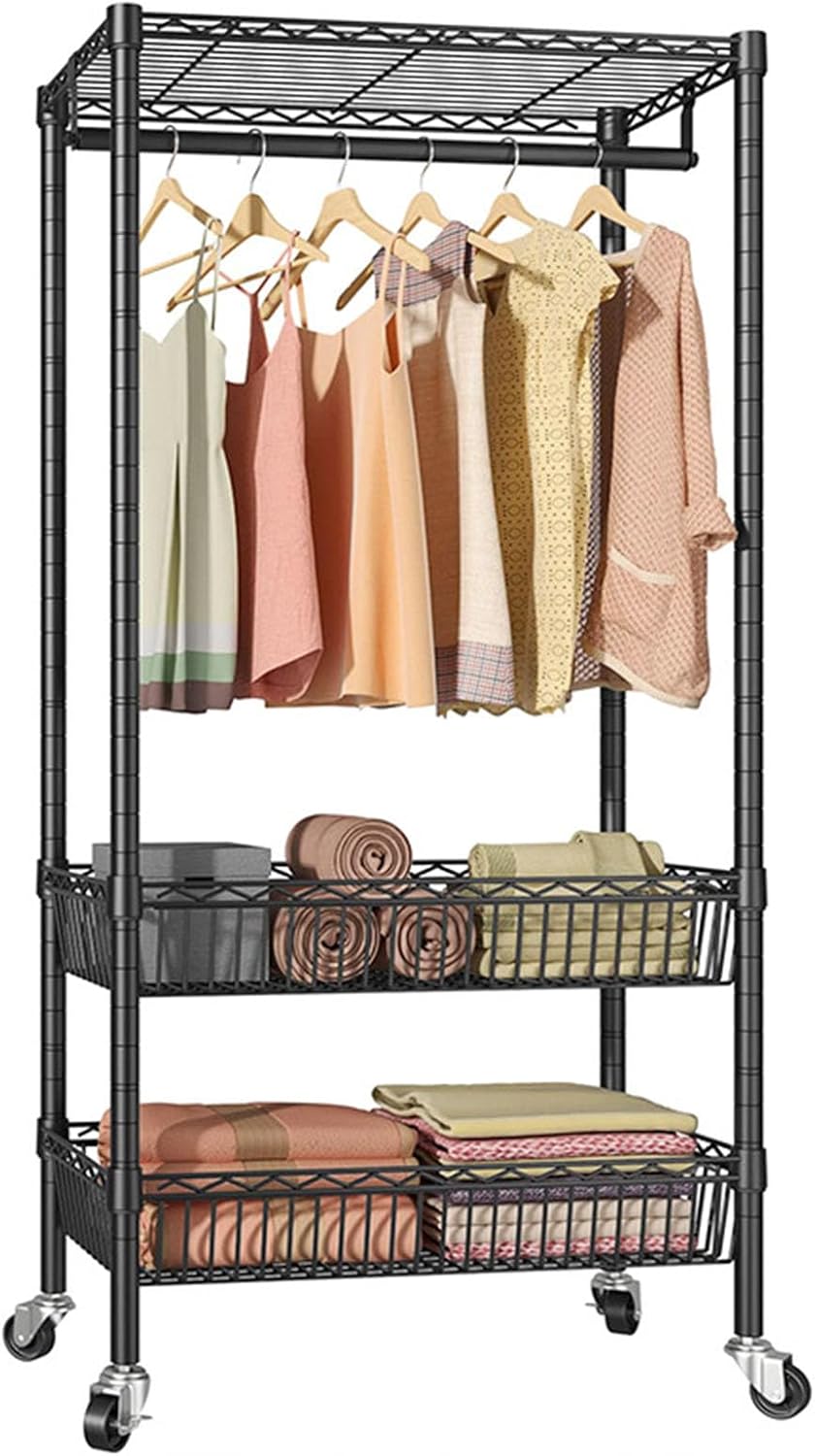 Heavy Duty Clothes Rack, Rolling Garment Rack 3 Tier Adjustable Wire Shelving with Hanger Rod&Side Hooks Clothing Racks for Hanging Clothes Clothes Storage and Display