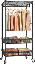 Heavy Duty Clothes Rack, Rolling Garment Rack 3 Tier Adjustable Wire Shelving with Hanger Rod&Side Hooks Clothing Racks for Hanging Clothes Clothes Storage and Display
