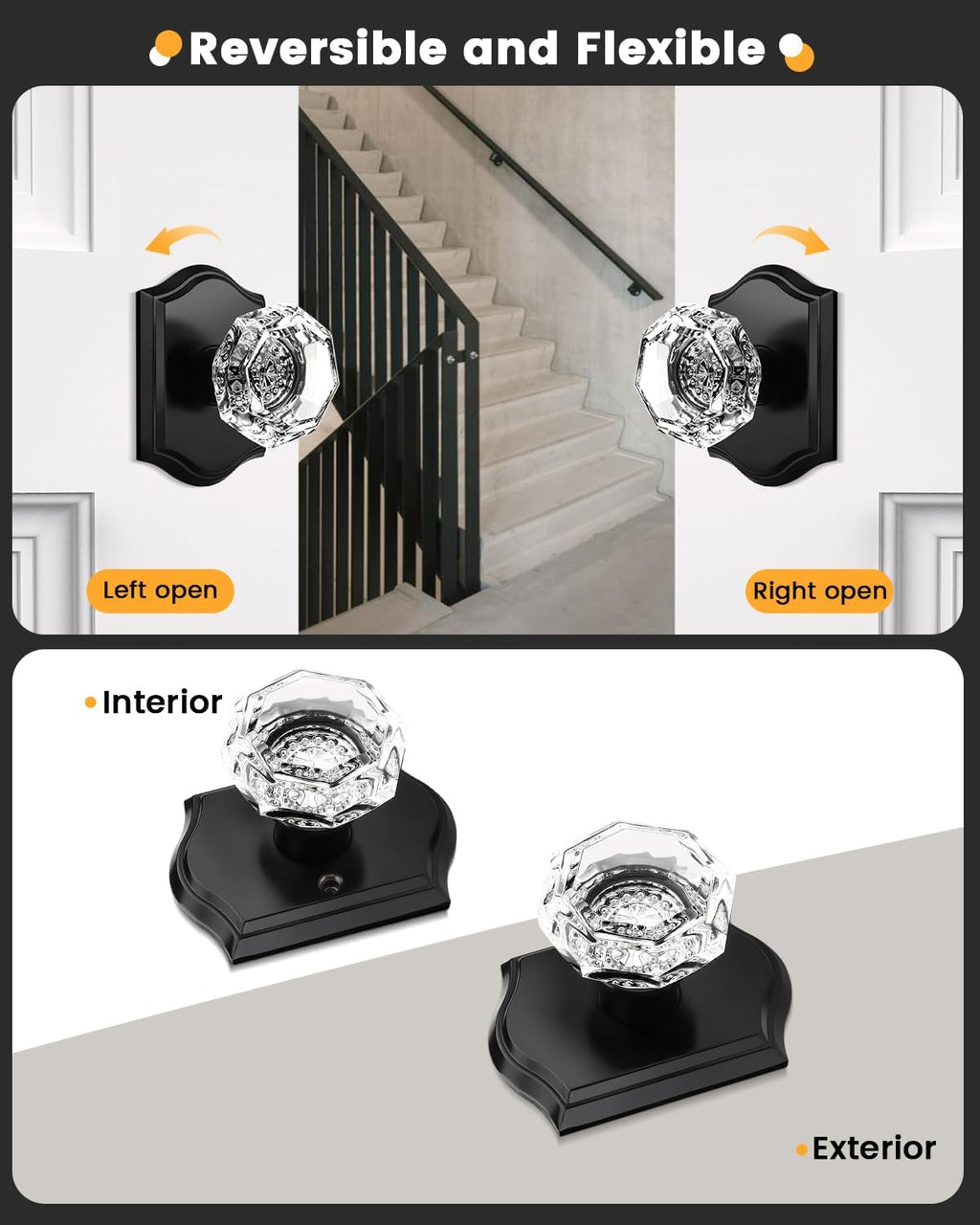 Gobrico Crystal Interior Door Knobs 10 Pack,Octagon Crystal Knob Handle with Clear Diamond Knob,Matte Black Arched Rosette,Passage Function for Hall/Closet