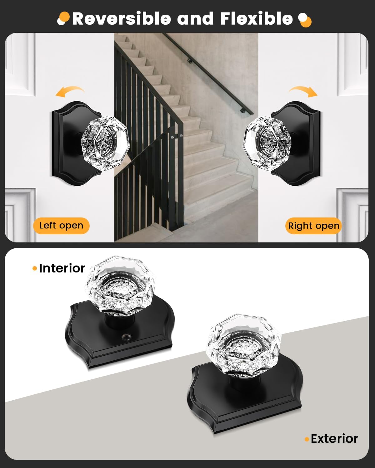 Gobrico Crystal Interior Door Knobs 10 Pack,Octagon Crystal Knob Handle with Clear Diamond Knob,Matte Black Arched Rosette,Passage Function for Hall/Closet