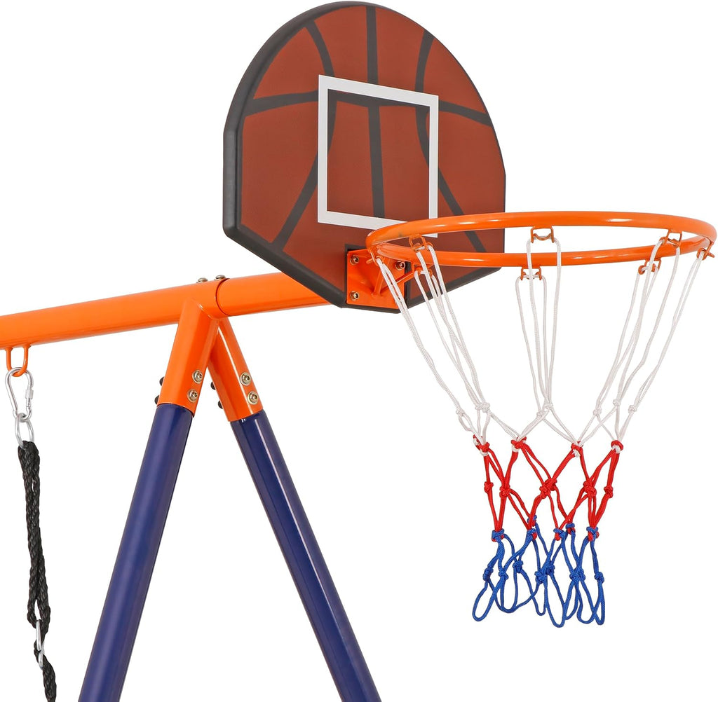 Nouva 6 in 1 Metal Swing Sets for Backyard - Heavy-Duty Kids Outdoor Combo w/2 Swings & Climbing Ladder & Nets & Seesaw & Basketball Hoop - Swing Stand Set for Playground, Playset