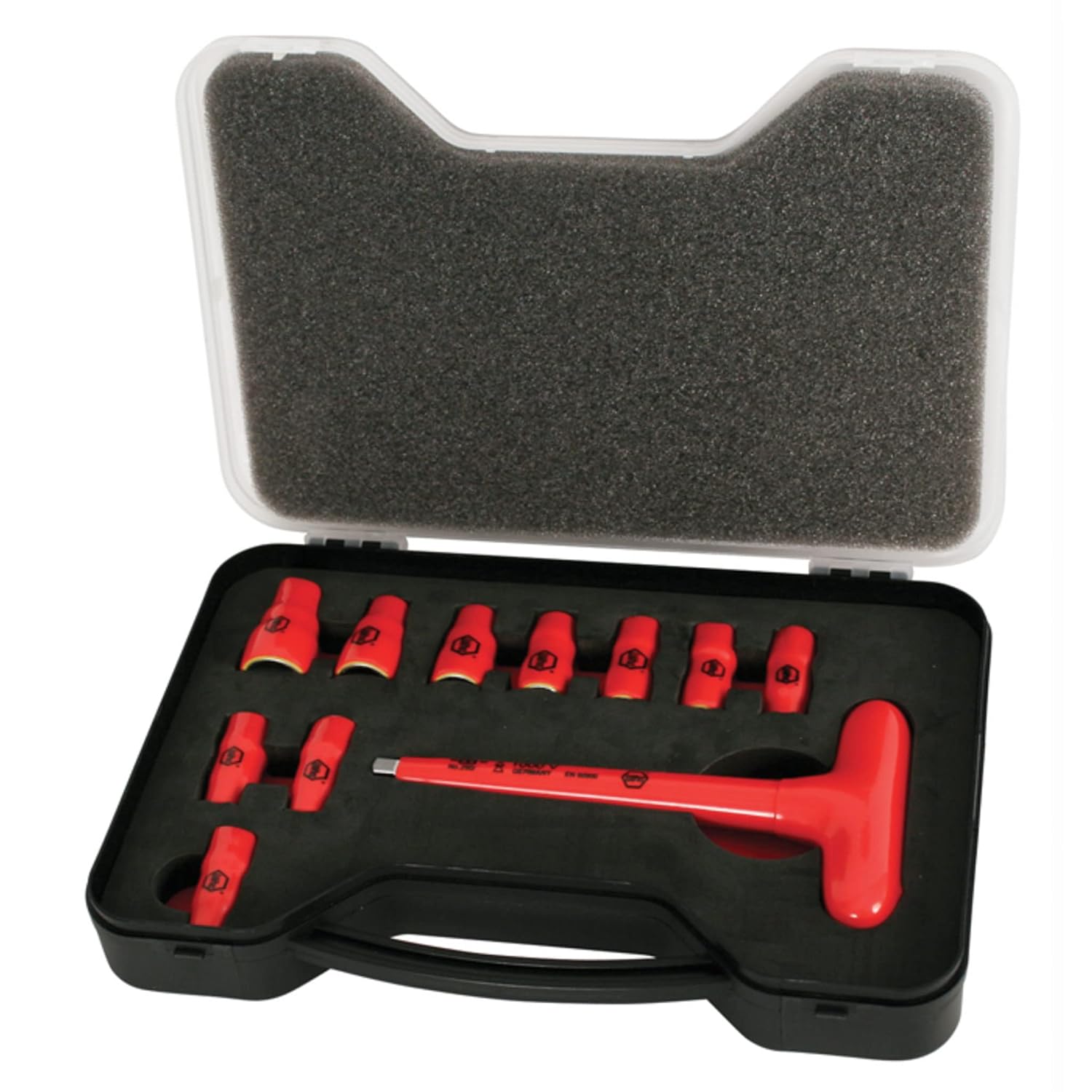 Wiha 31395 T-Handle Socket Set, Insulated 1/4-Inch, Metric, Socket Sizes 5, 6, 7, 8, 9, 10, 11, 12, 13, 14mm and T-Handle
