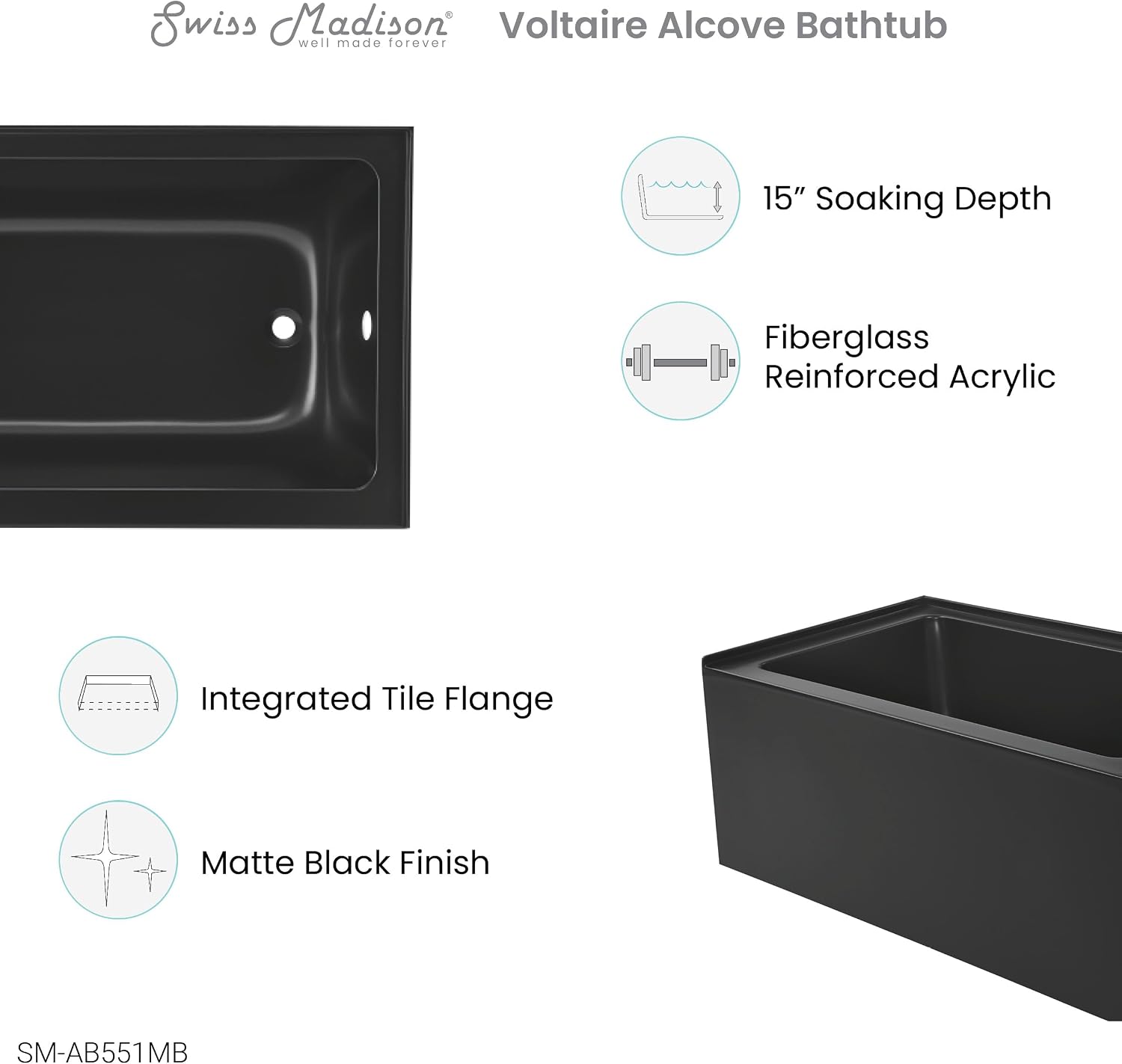 Lausanne 48' X 32' Right-Hand Drain Alcove Bathtub with Apron in Matte Black