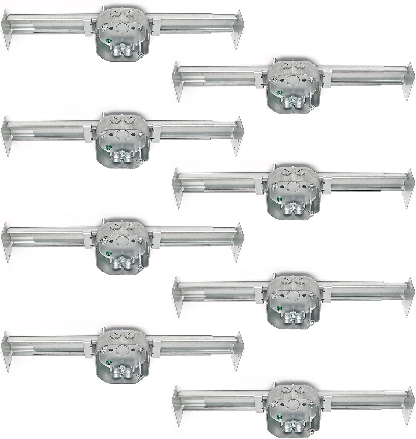 (8 Pack) Ceiling Fan Mounting Bracket with Adjustable Bar Hanger, 1-1/2'' Deep, 2 NMSC Clamps, 2 1/2'' Knockouts, Fits 16-24 Inch Joist Spaces, Ground Screw, Electrical Box for Light Fixtures