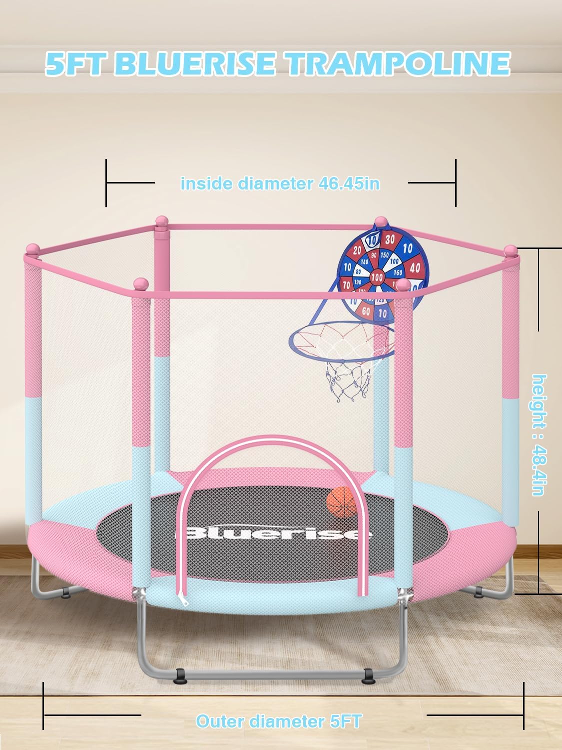 BLUERISE 60' Trampoline for Kids 5FT Toddler Trampolines Indoor/Outdoor with Adjustable Gymnastics Bar & Safety Net, No-Gap Design, Anti-Rollover Bottom, Basketball Hoop, Gifts for Boys & Girls