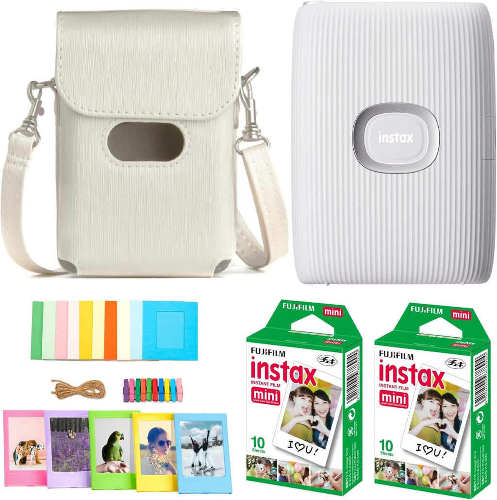 Fujifilm Instax Mini Link 2 Smartphone Instant Printer (Clay White), Fuji Mini Film 20 Sheets, Protective Case, Accessory Bundle