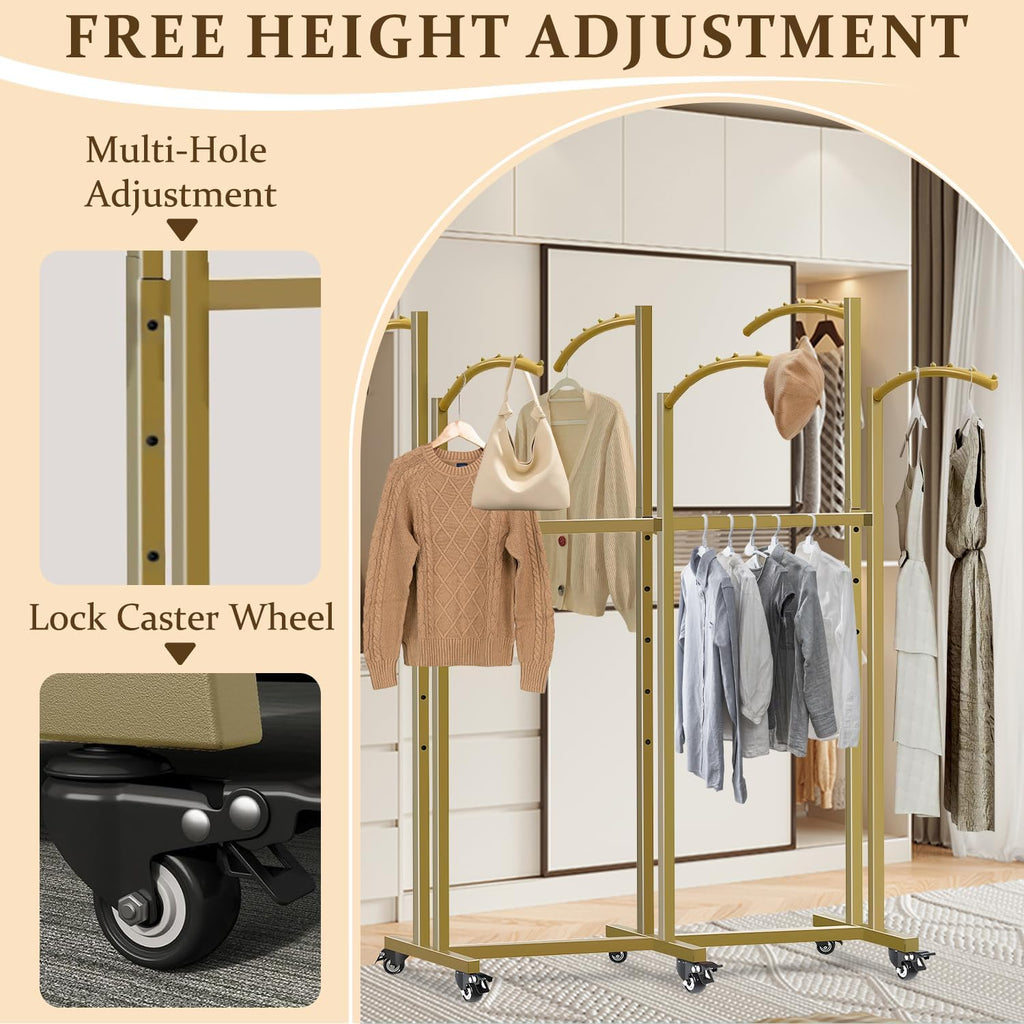Clothing Rack,Heavy Duty Gold Clothing Rack with Adjustable Height, 6 Curved Arms Wheels - Floor Standing Metal Garment Rack for Retail Store Display Home Use,Black
