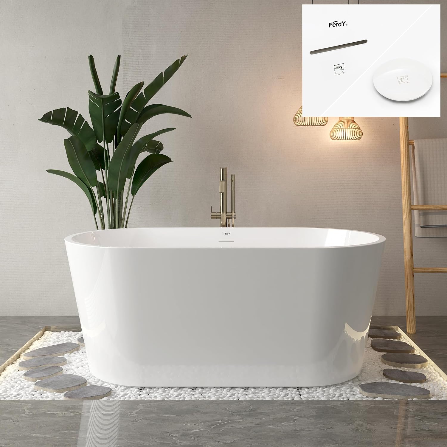 FerdY Shangri-La 55' Acrylic Freestanding Bathtub, Ergonomic Lightweight Classic Oval Soaking Bathtub with Polished White Drain, Minimalist Linear Design Overflow, Modern White