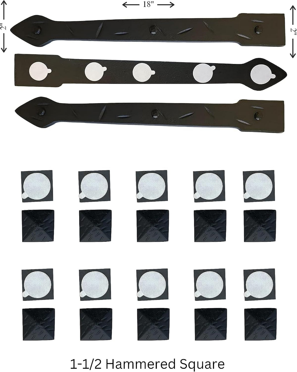 The Rustic Express - Self Adhesive 3 Iron Straps 18' & 20 Hammered Square Clavos 1-1/2' - Decorative Hinges & Clavos for Farm, Fiberglass, Metal, Wooden Gate Hinge and Garage Door Hardware - Black
