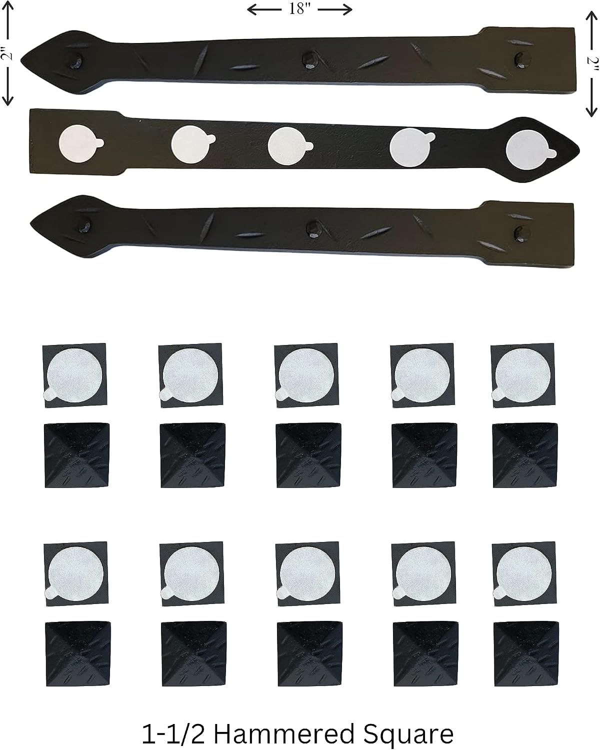 The Rustic Express - Self Adhesive 3 Iron Straps 18' & 20 Hammered Square Clavos 1-1/2' - Decorative Hinges & Clavos for Farm, Fiberglass, Metal, Wooden Gate Hinge and Garage Door Hardware - Black