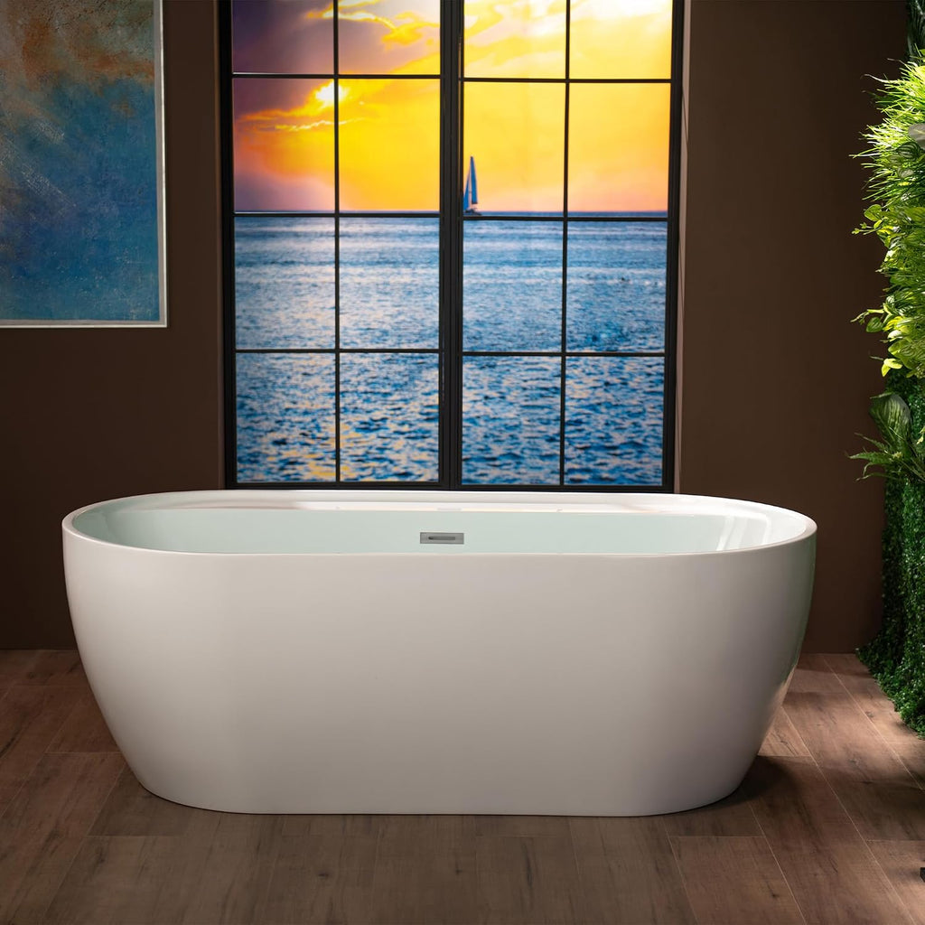 WOODBRIDGE 67' Acrylic Freestanding Bathtub Contemporary Soaking White Tub with Chrome Overflow and Drain,B0063-C