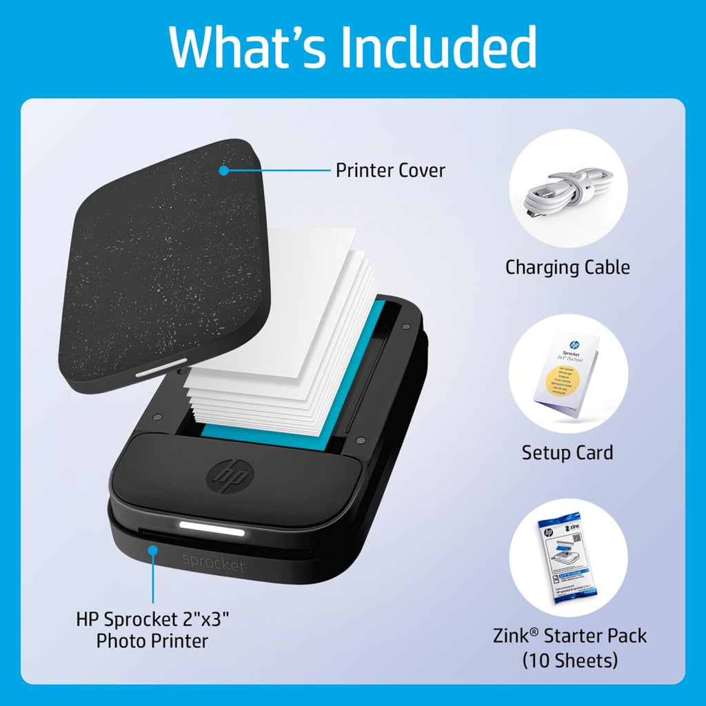 HP Sprocket 2x3 Instant Smartphone Photo Printer 75 Sheets Bundle - Bluetooth Portable Color Wireless Mobile Printer (Black) Zink Sticky-Back Photos
