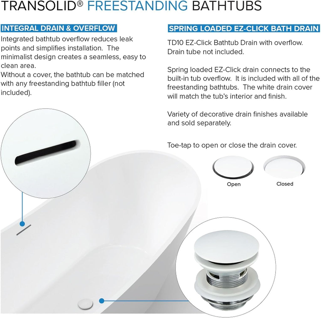 Transolid Skylar Freestanding Oval Soaking Bathtub Kit 59 in. x 31 in. Gloss White with Peyton T4200-PC Polished Chrome Floor-Mount Faucet, Color-Matched EZ-Click Center Drain and Bath Pillow