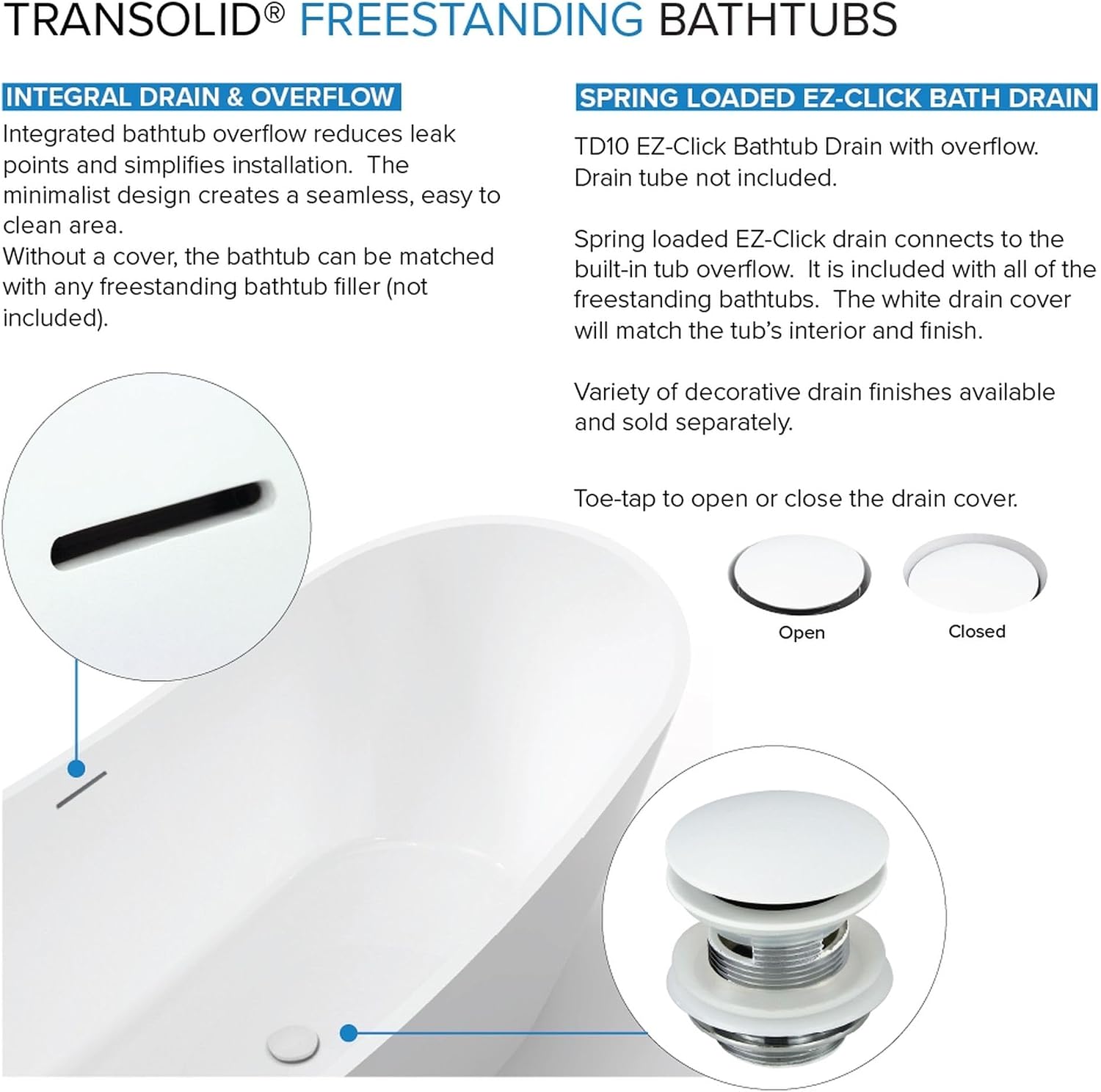 Transolid Skylar Freestanding Oval Soaking Bathtub Kit 59 in. x 31 in. Gloss White with Peyton T4200-PC Polished Chrome Floor-Mount Faucet, Color-Matched EZ-Click Center Drain and Bath Pillow